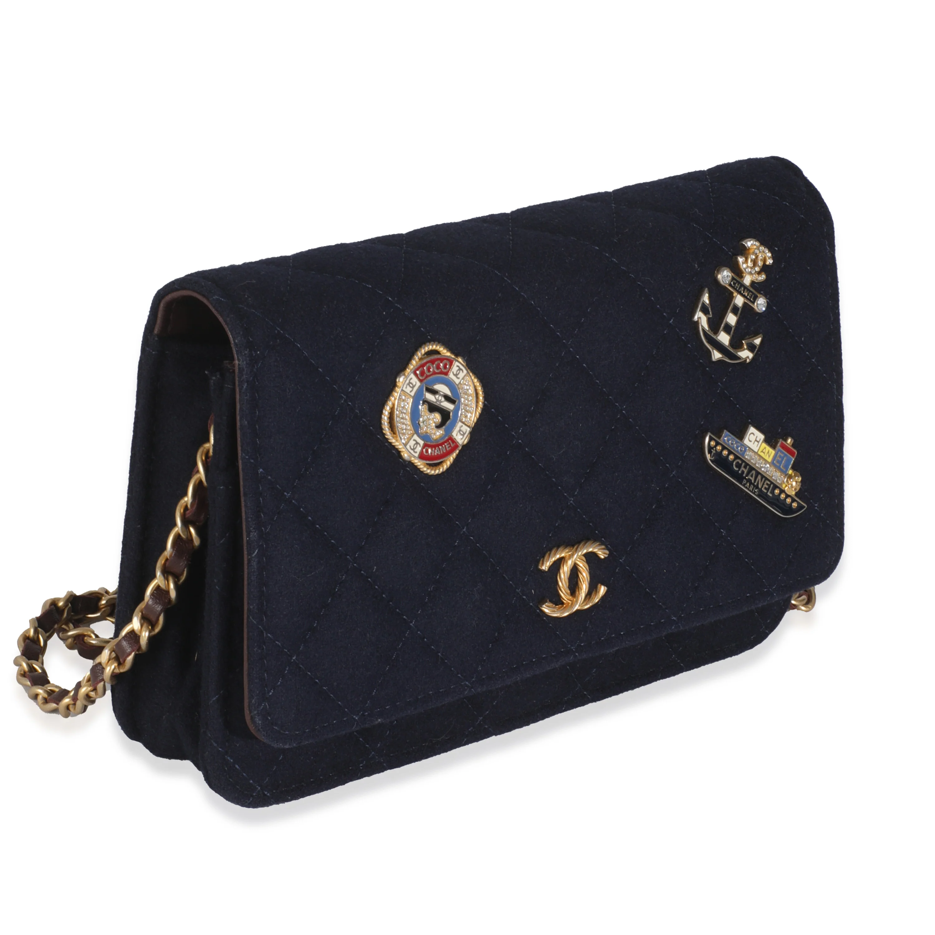 Navy Quilted Felt Paris-Hamburg Charms Wallet On Chain - Image 3