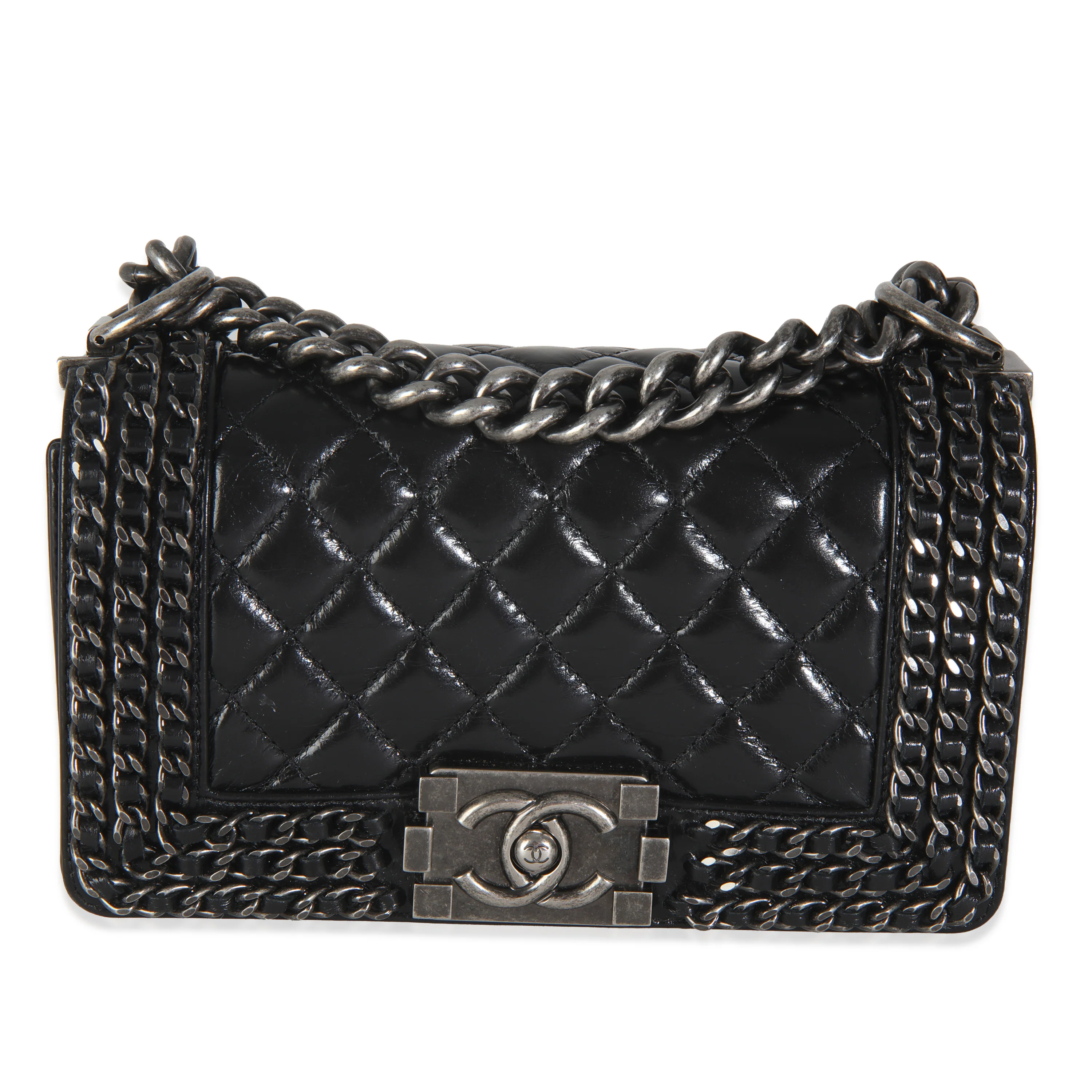 Black Quilted Glazed Calfskin Small Chained Boy Bag