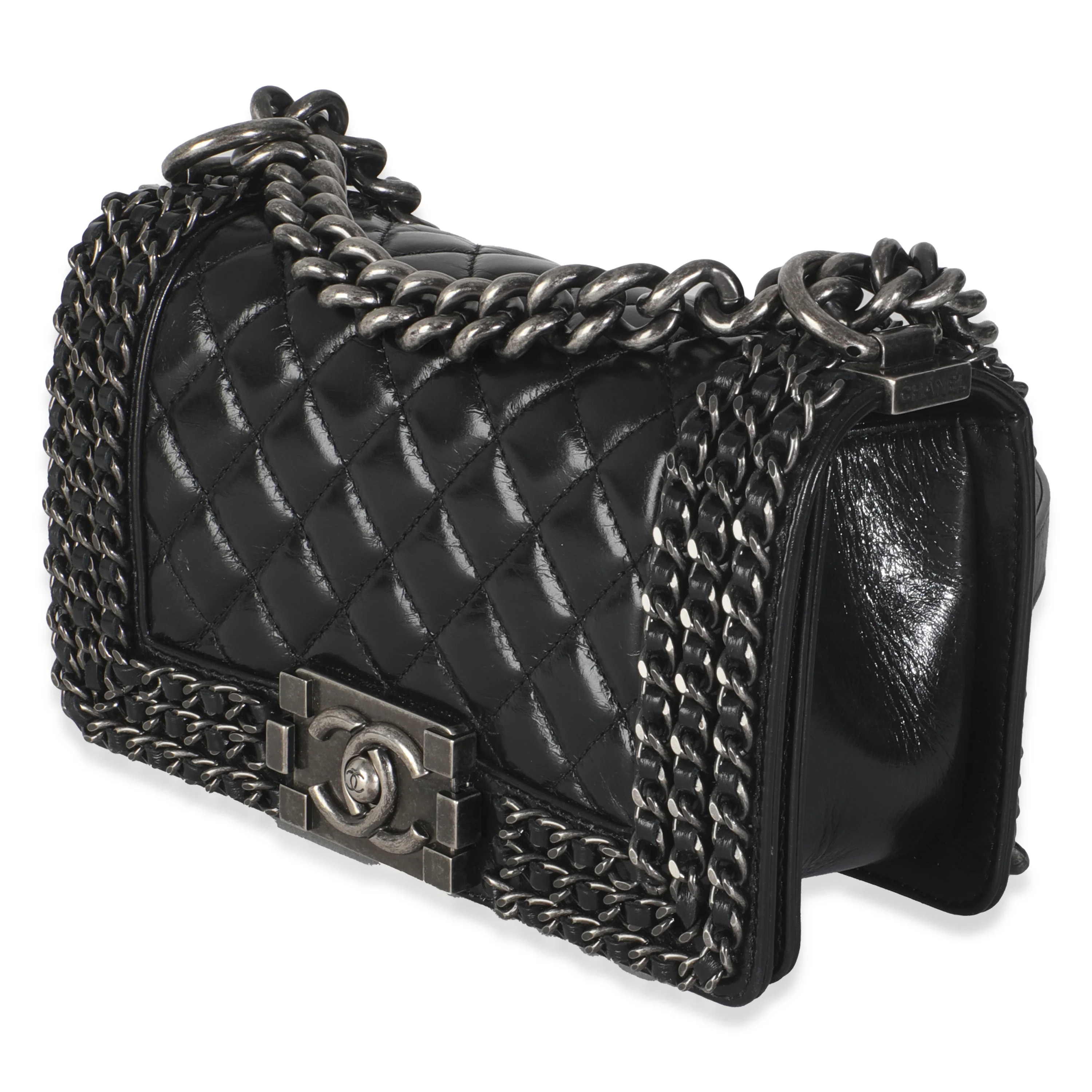 Black Quilted Glazed Calfskin Small Chained Boy Bag - Image 2