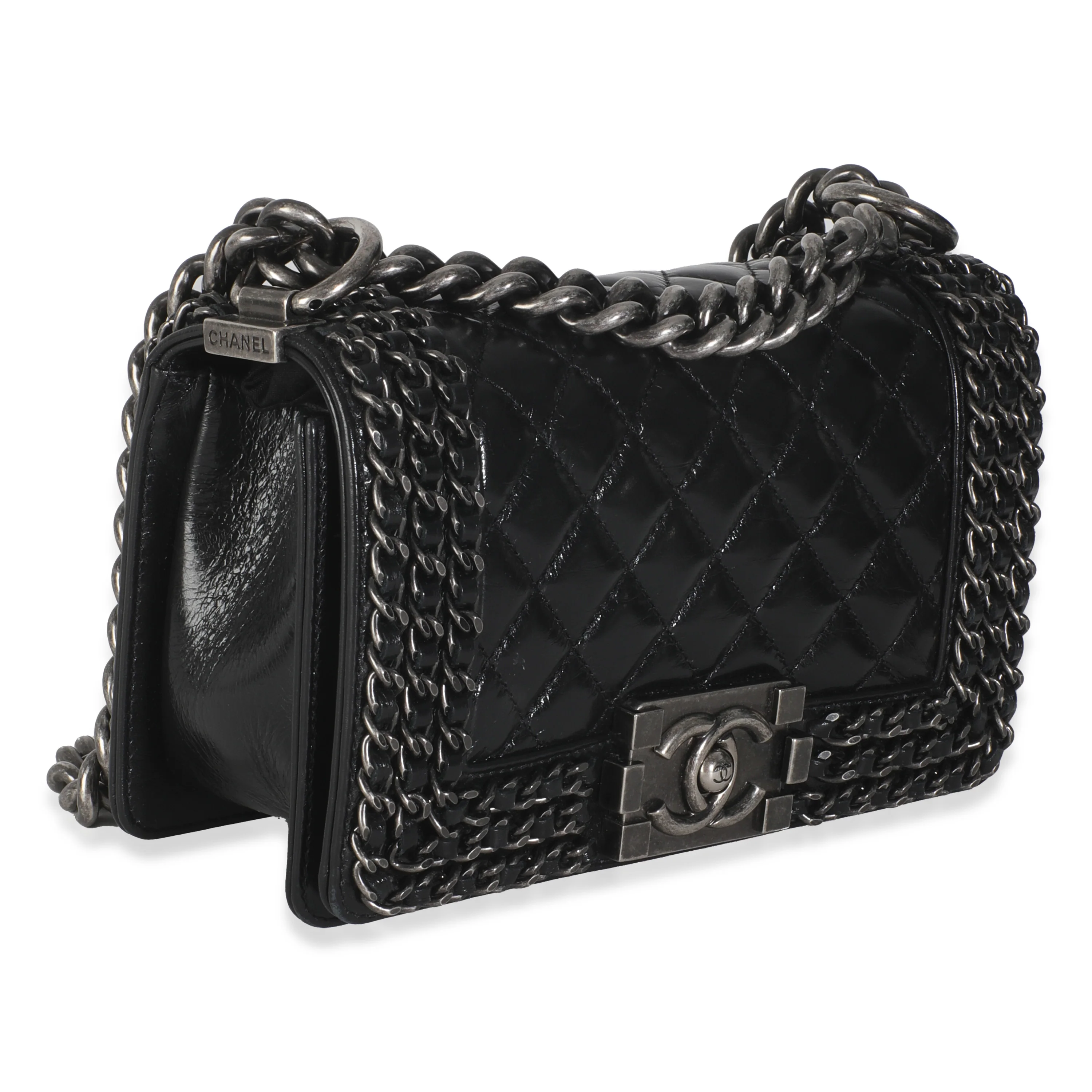 Black Quilted Glazed Calfskin Small Chained Boy Bag - Image 3