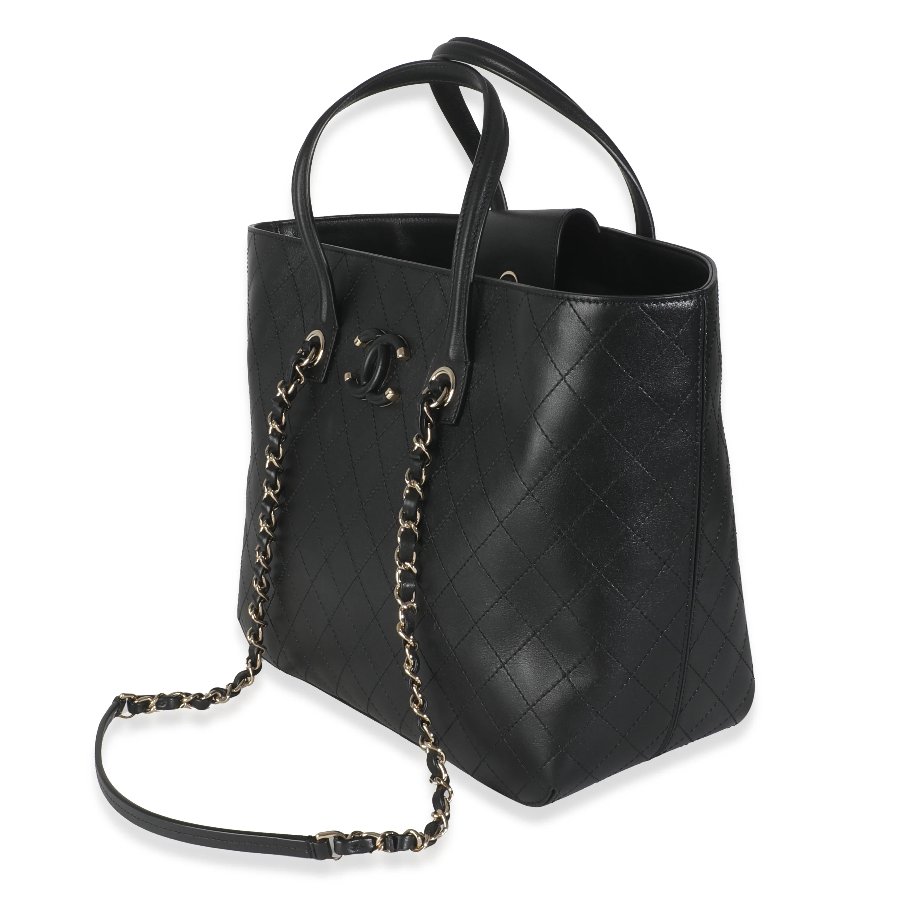 Black Quilted Calfskin Stitched Covered CC Shopping Tote - Image 2