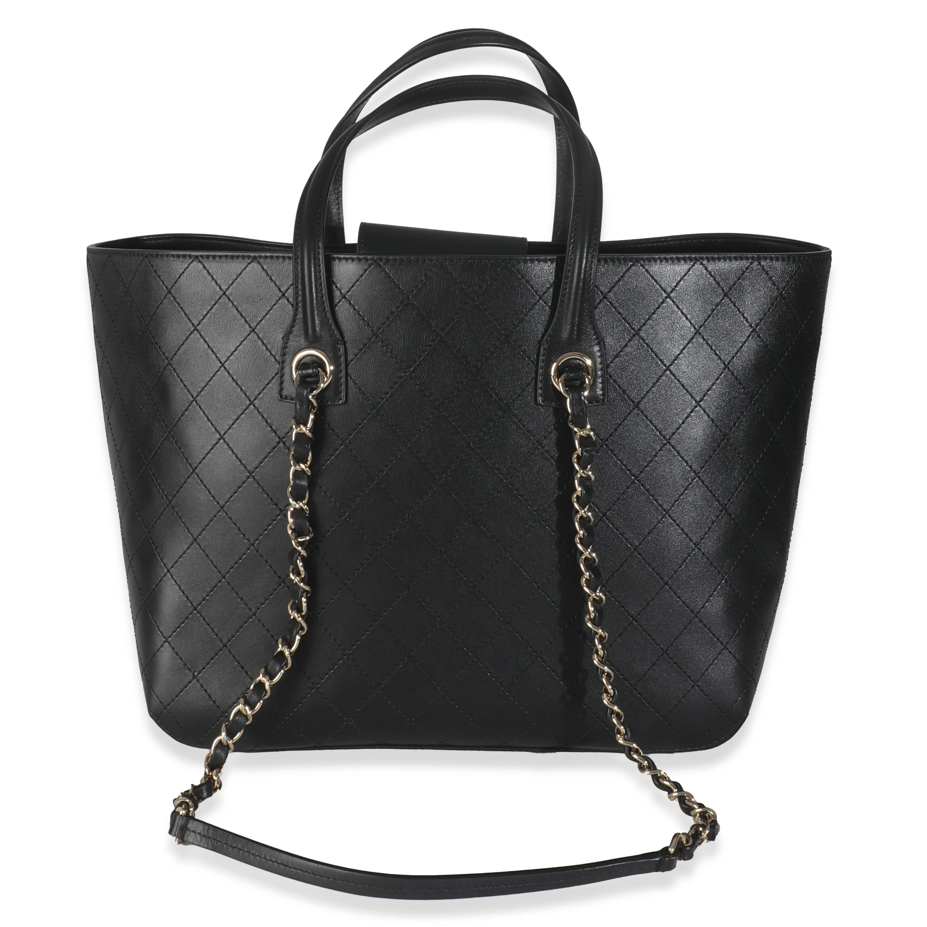 Black Quilted Calfskin Stitched Covered CC Shopping Tote - Image 3