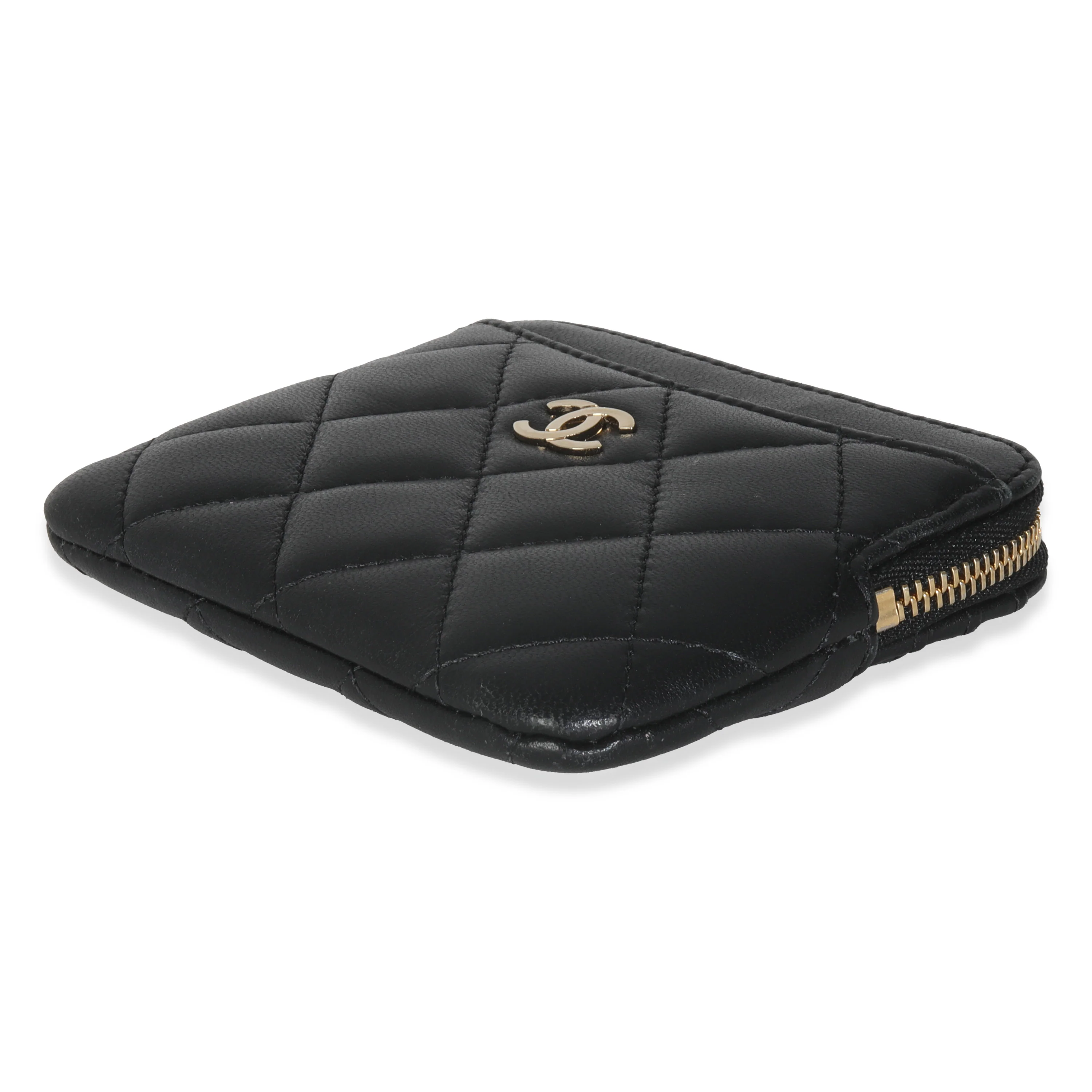 Black Quilted Lambskin Square Zip Card Holder Wallet - Image 6