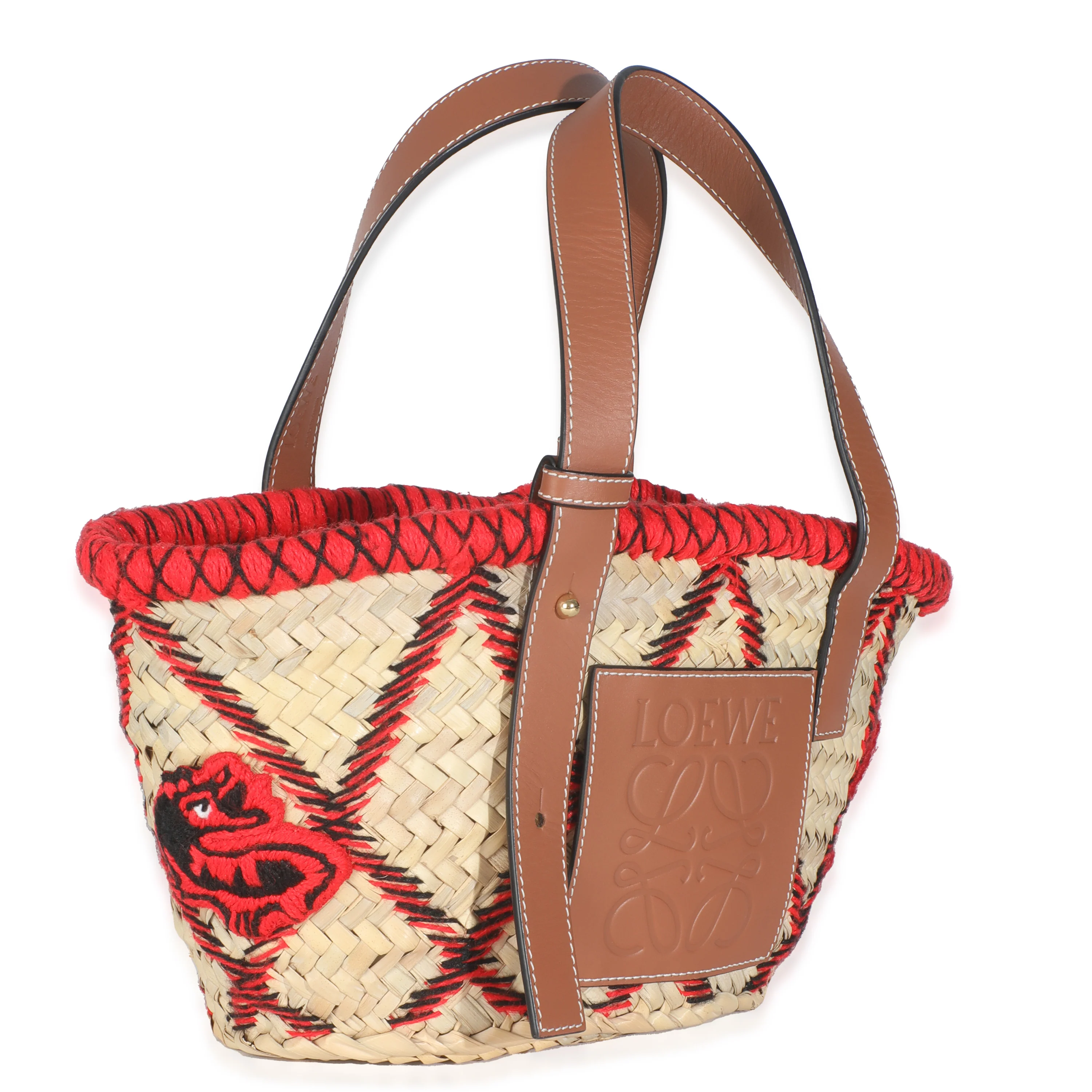 Beige Raffia Red Embroidered Small Anagram Basket - Image 8
