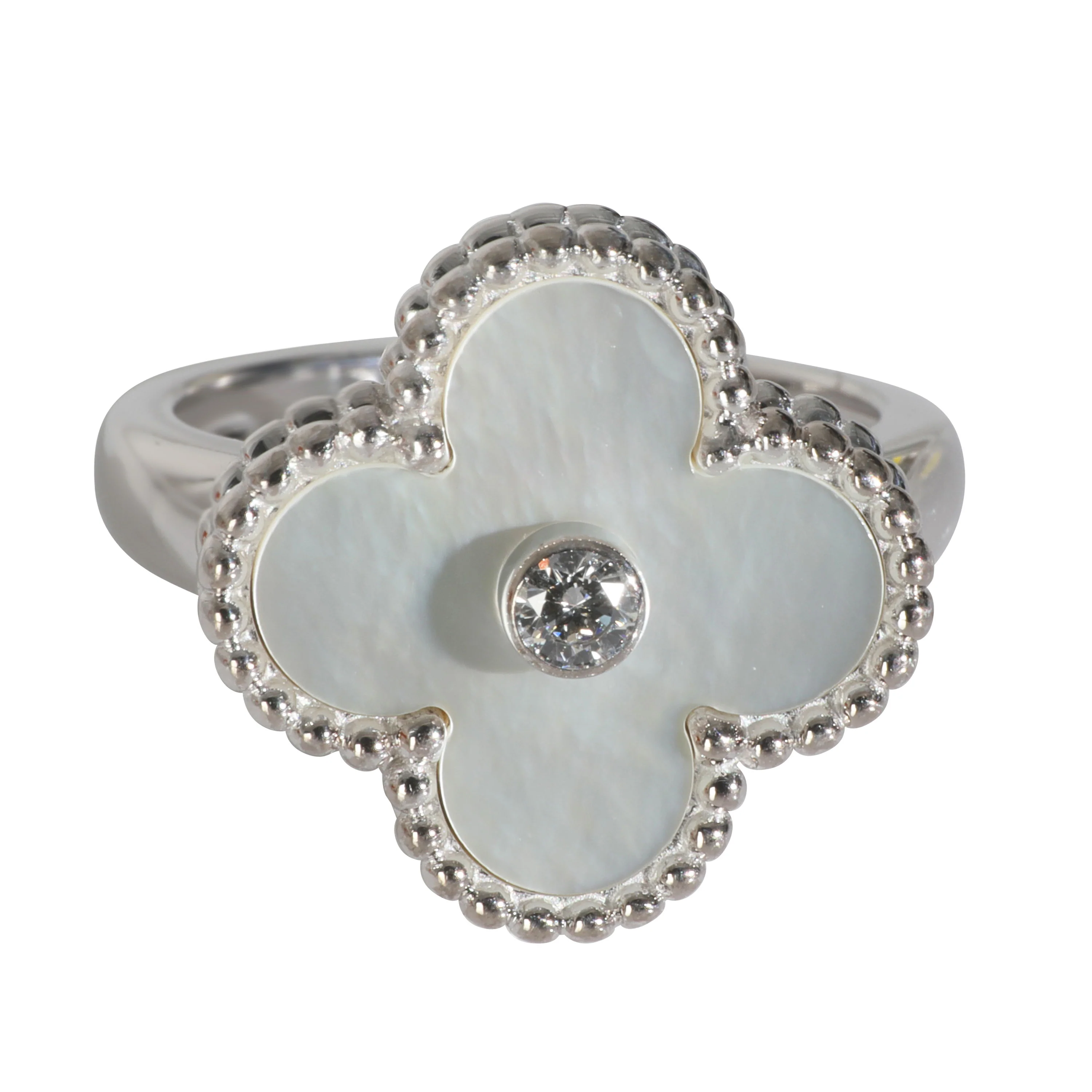 White Gold Mother Of Pearl and Diamond Vintage Alhambra Ring