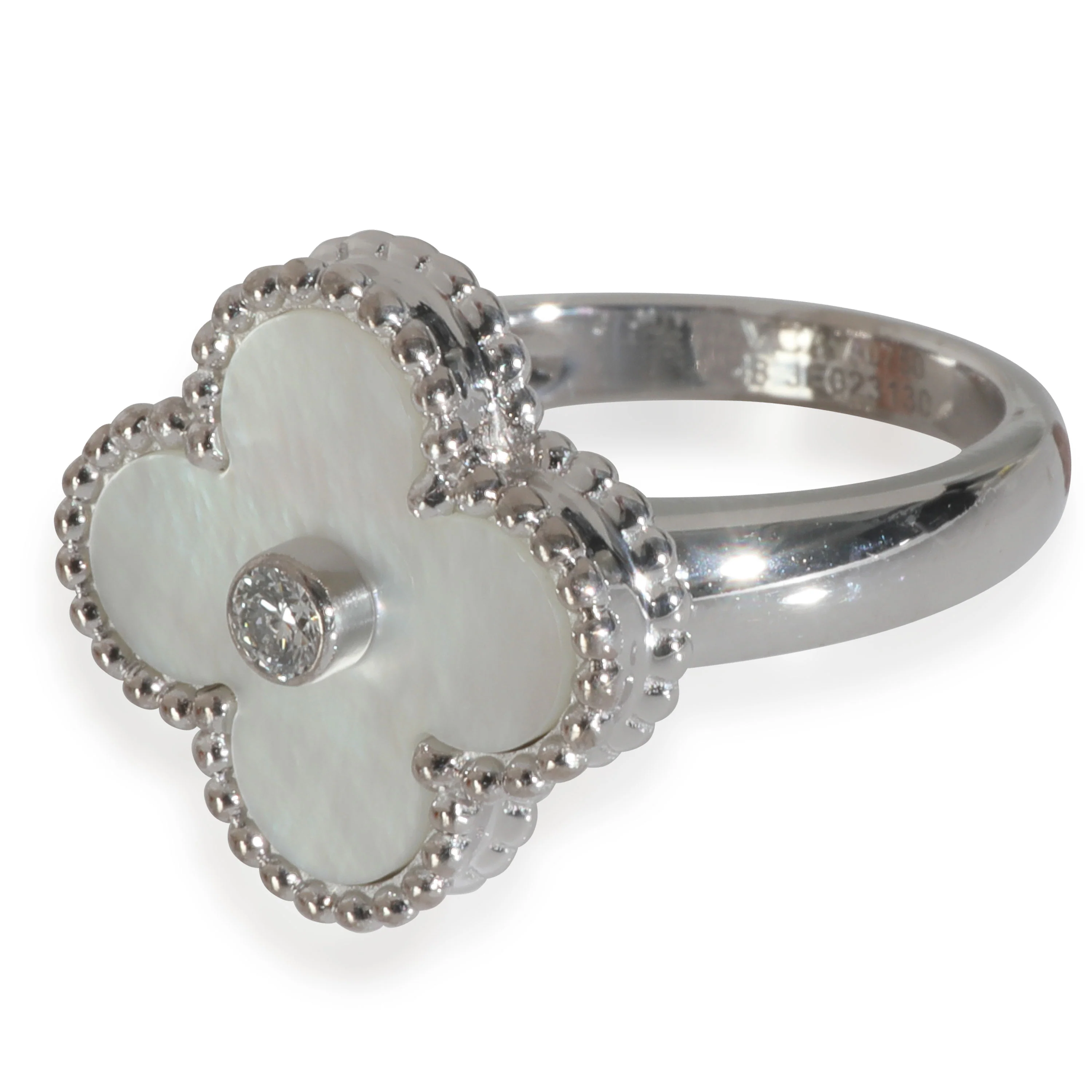 White Gold Mother Of Pearl and Diamond Vintage Alhambra Ring - Image 2