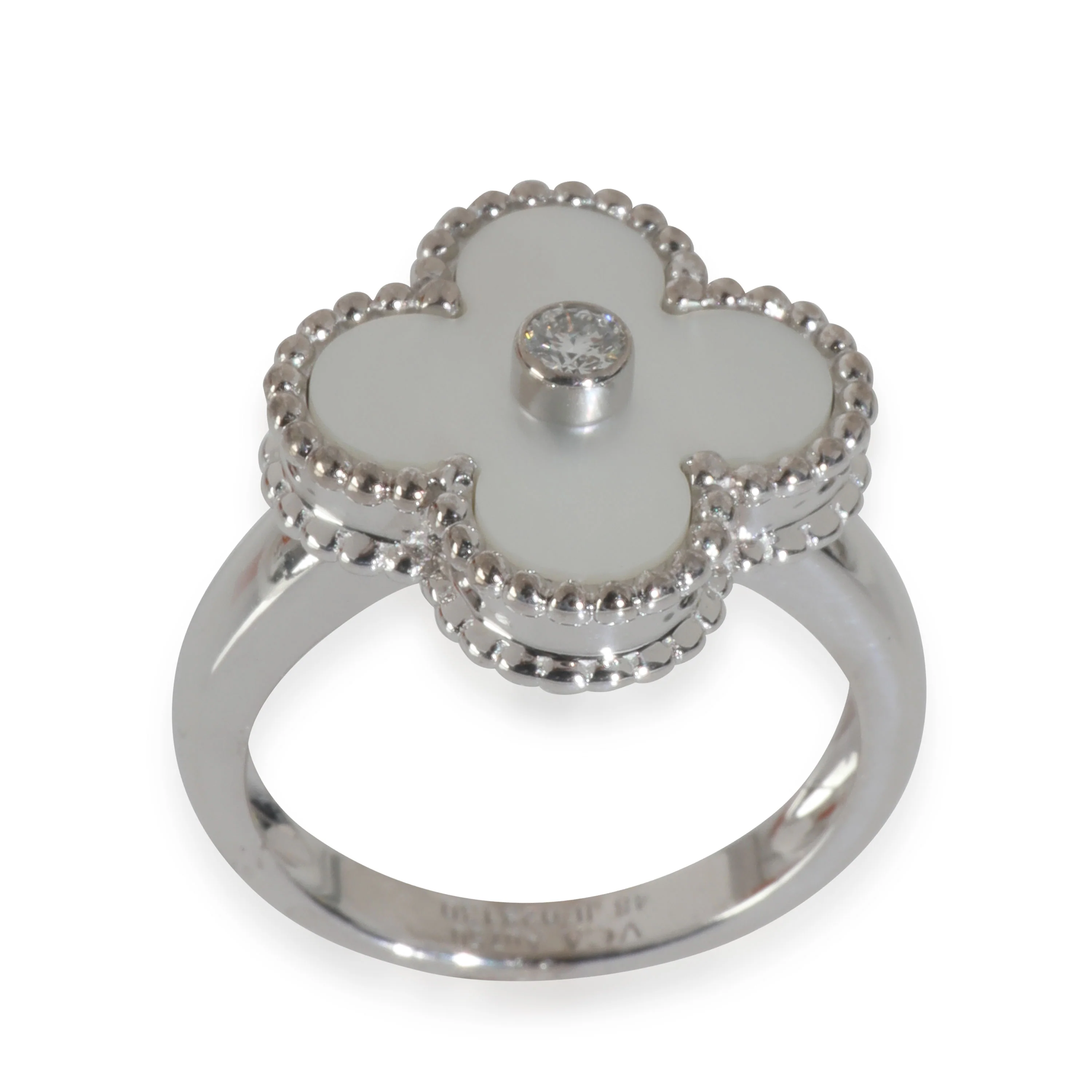 White Gold Mother Of Pearl and Diamond Vintage Alhambra Ring - Image 3