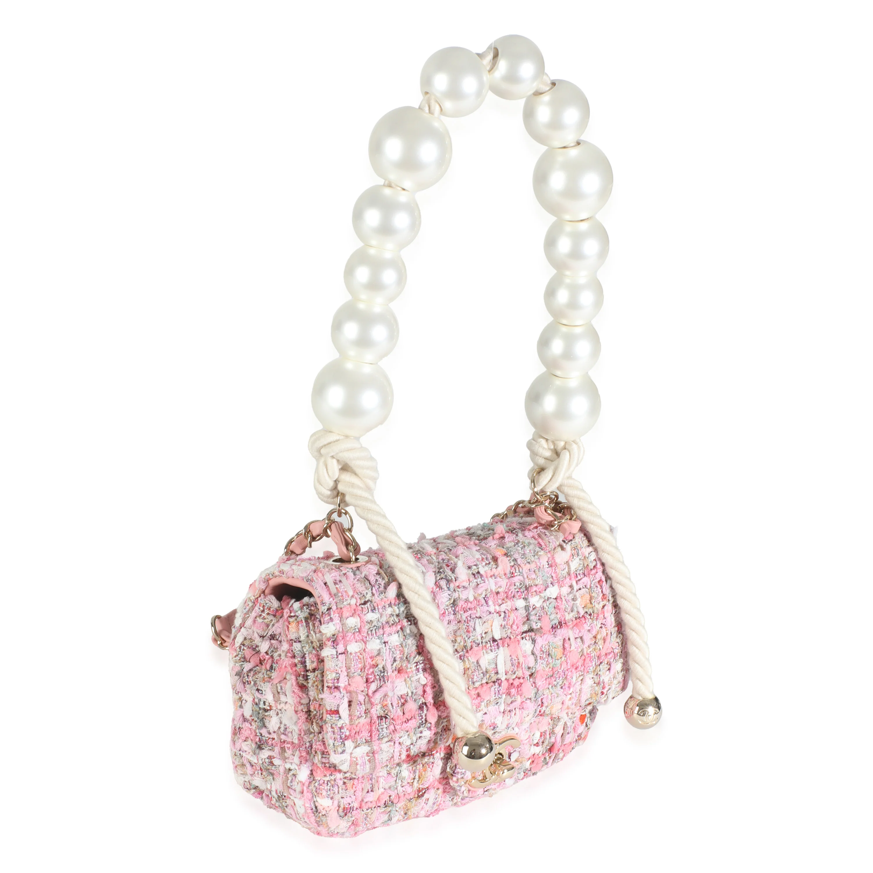 Pink Multicolor Tweed Mini Pearl Handle Flap Bag - Image 3