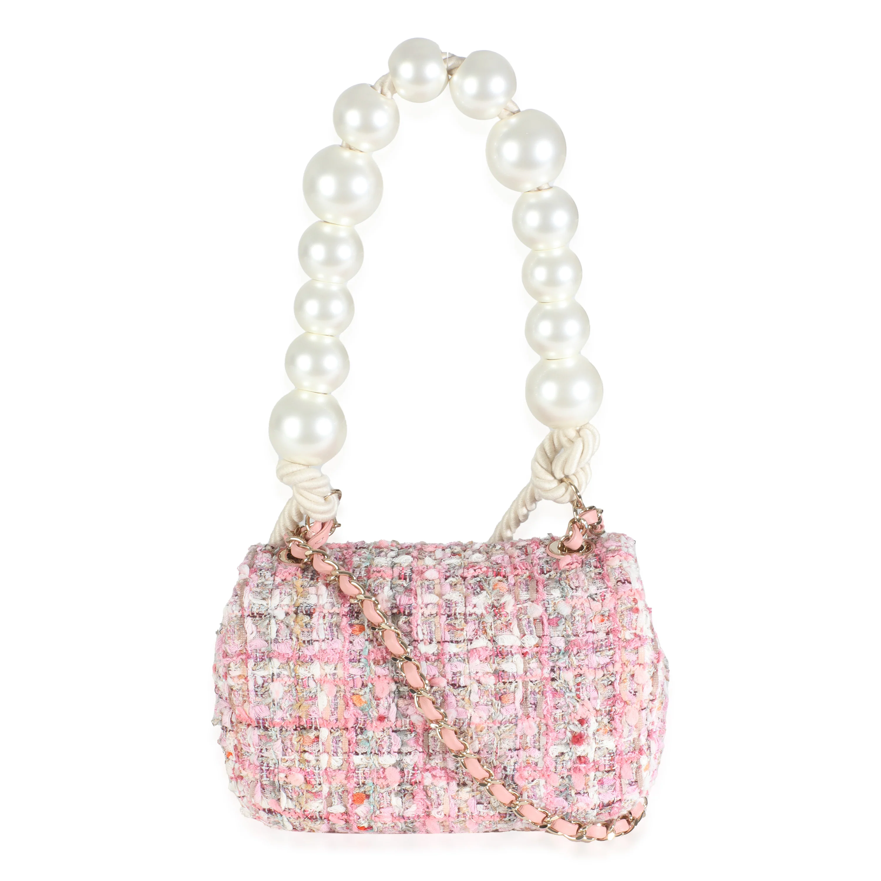 Pink Multicolor Tweed Mini Pearl Handle Flap Bag - Image 4