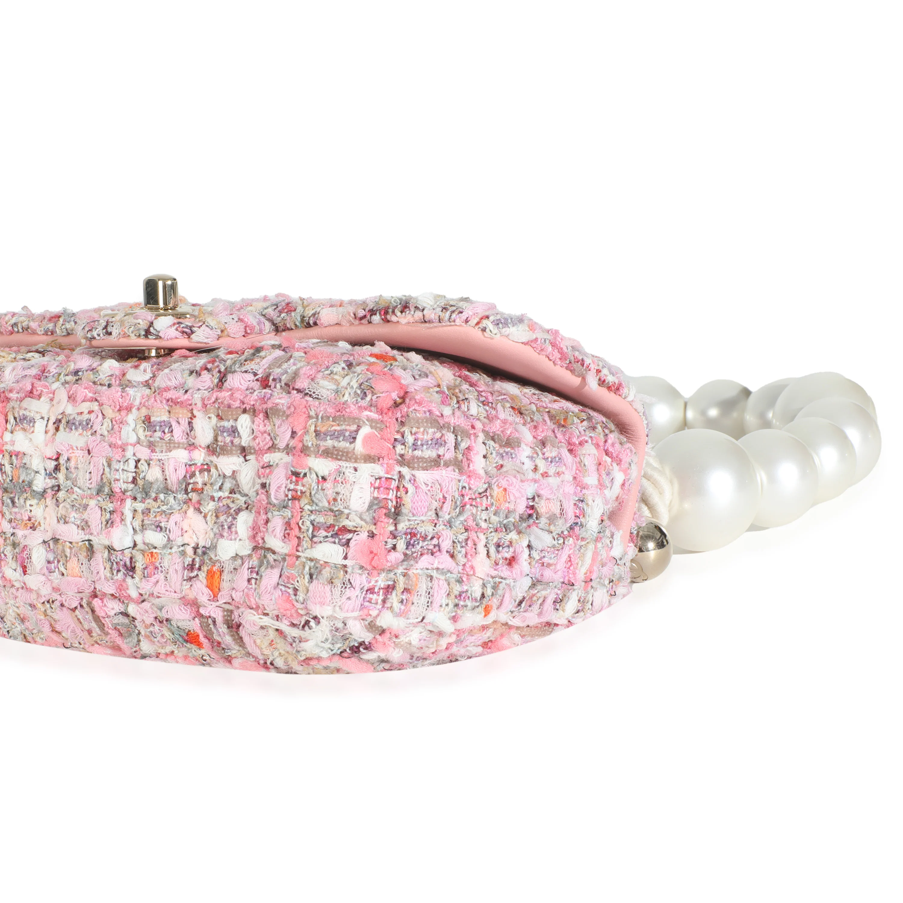 Pink Multicolor Tweed Mini Pearl Handle Flap Bag - Image 7