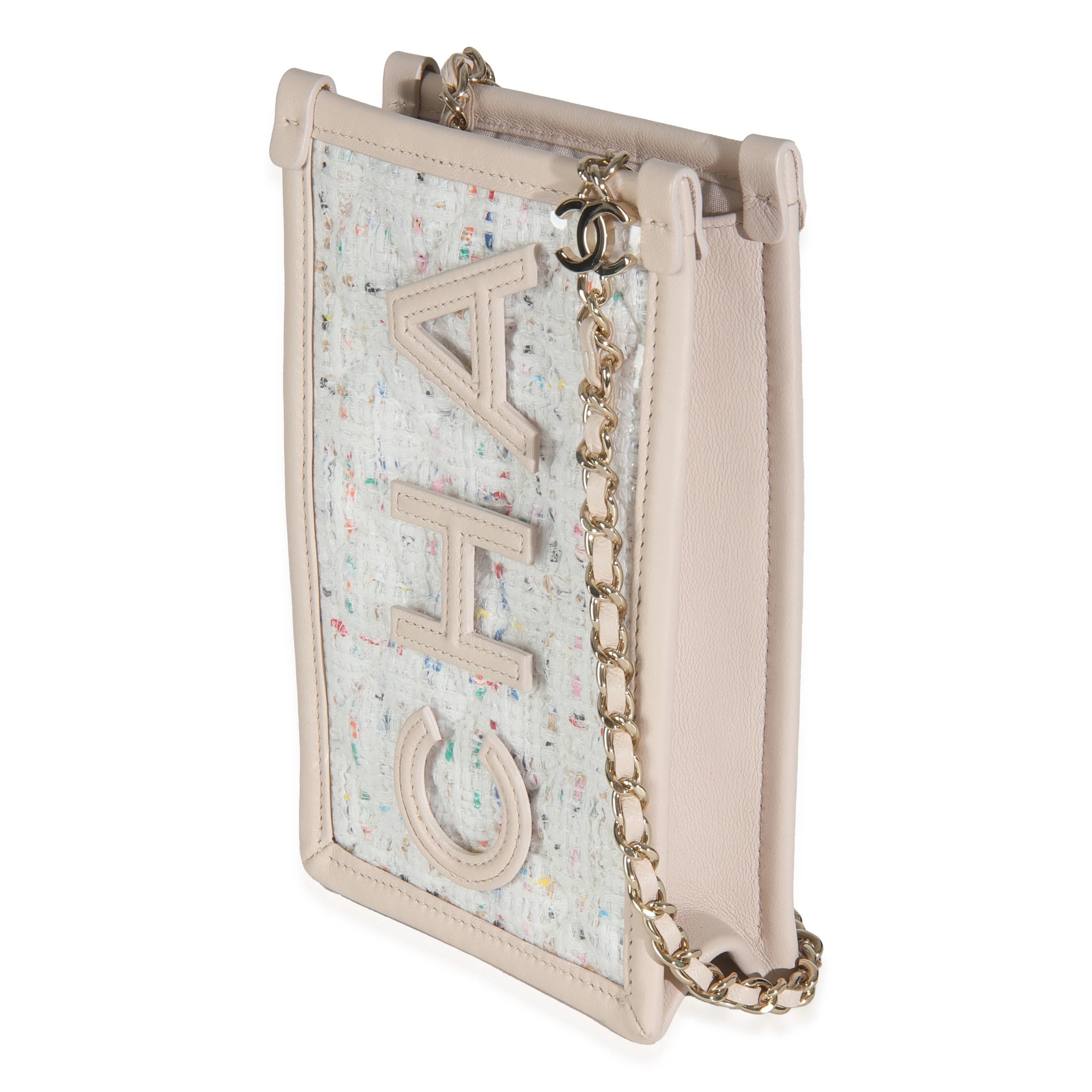 Light Beige Tweed PVC Lambskin Clutch With Chain - Image 2