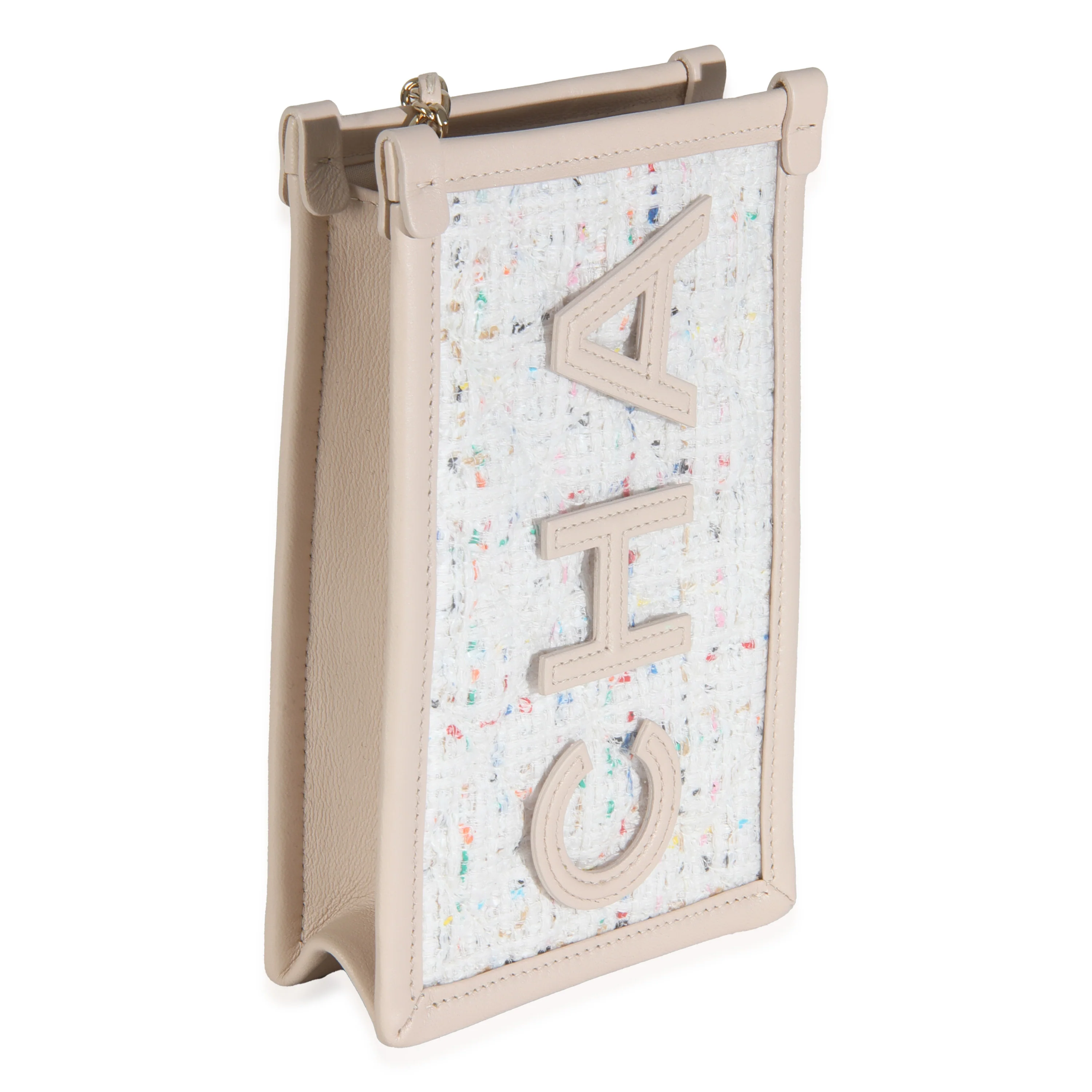 Light Beige Tweed PVC Lambskin Clutch With Chain - Image 3