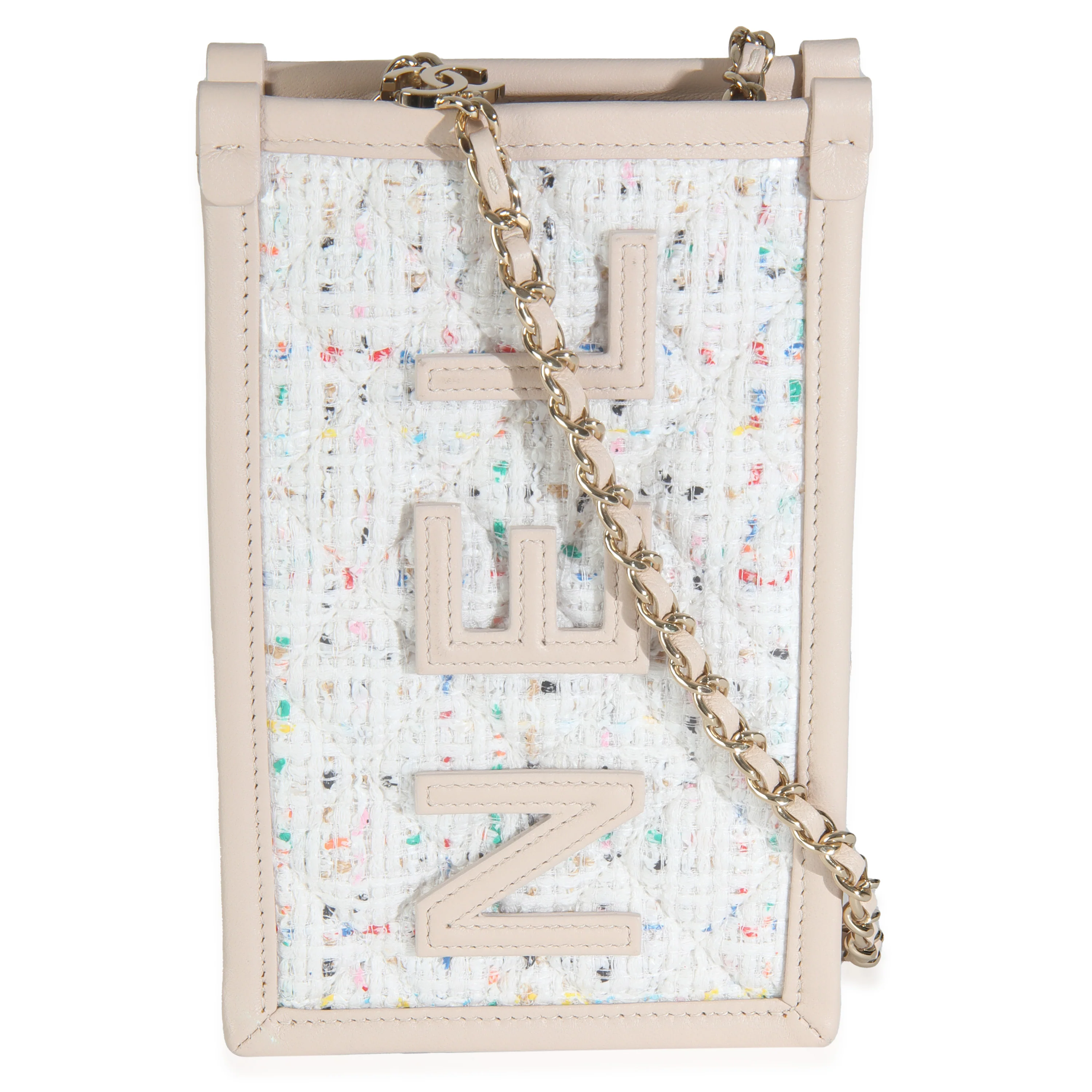 Light Beige Tweed PVC Lambskin Clutch With Chain - Image 4
