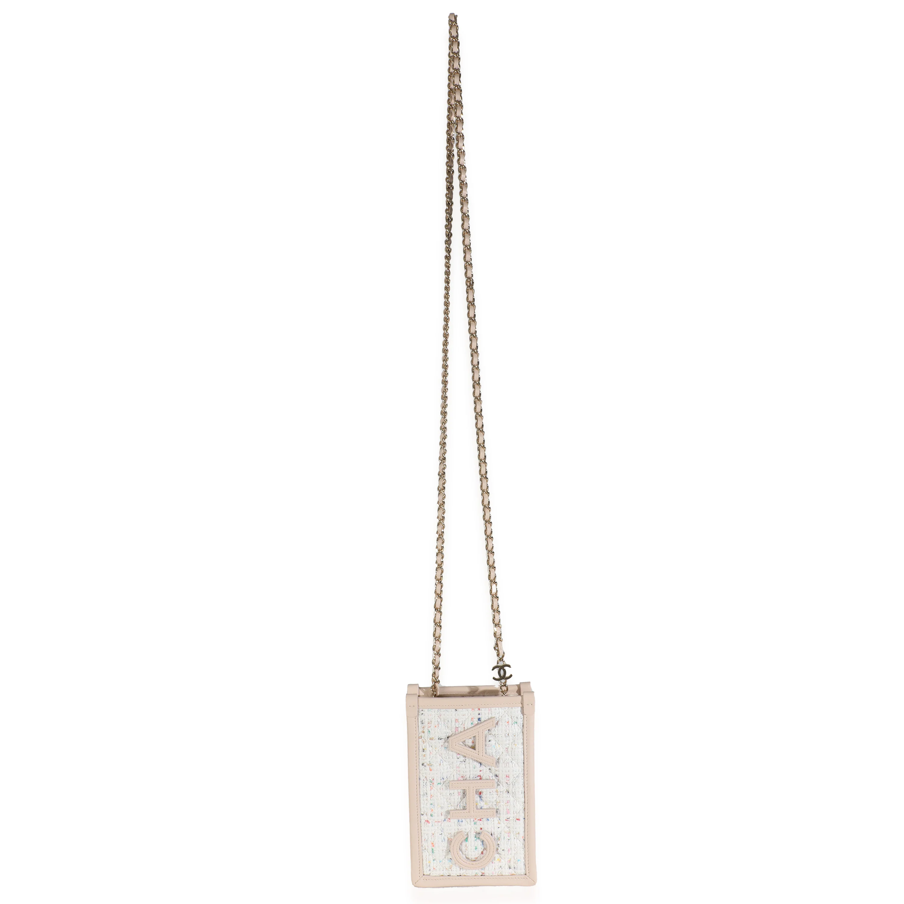 Light Beige Tweed PVC Lambskin Clutch With Chain - Image 7