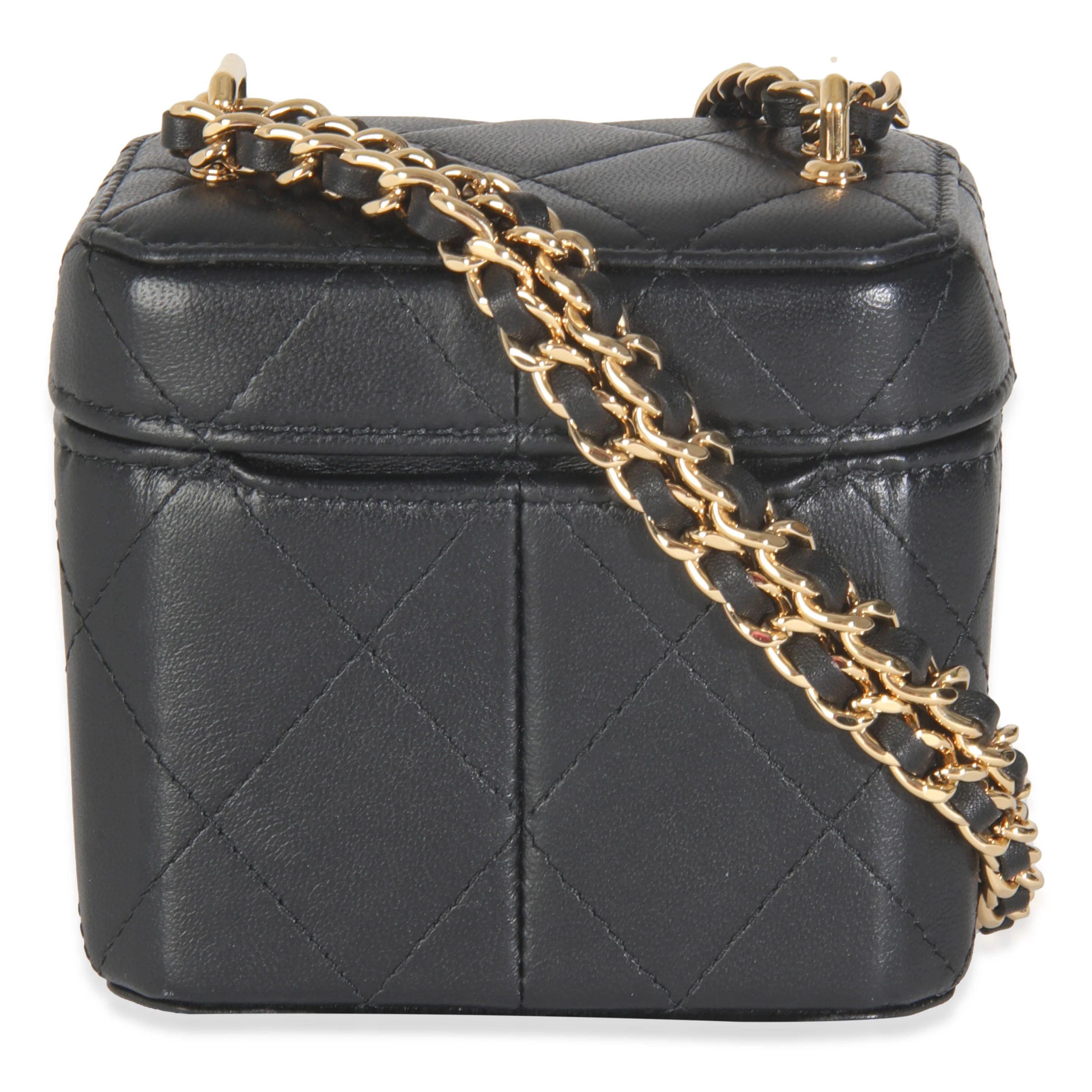 Black Quilted Lambskin Vanity Clutch With Chain - Image 4