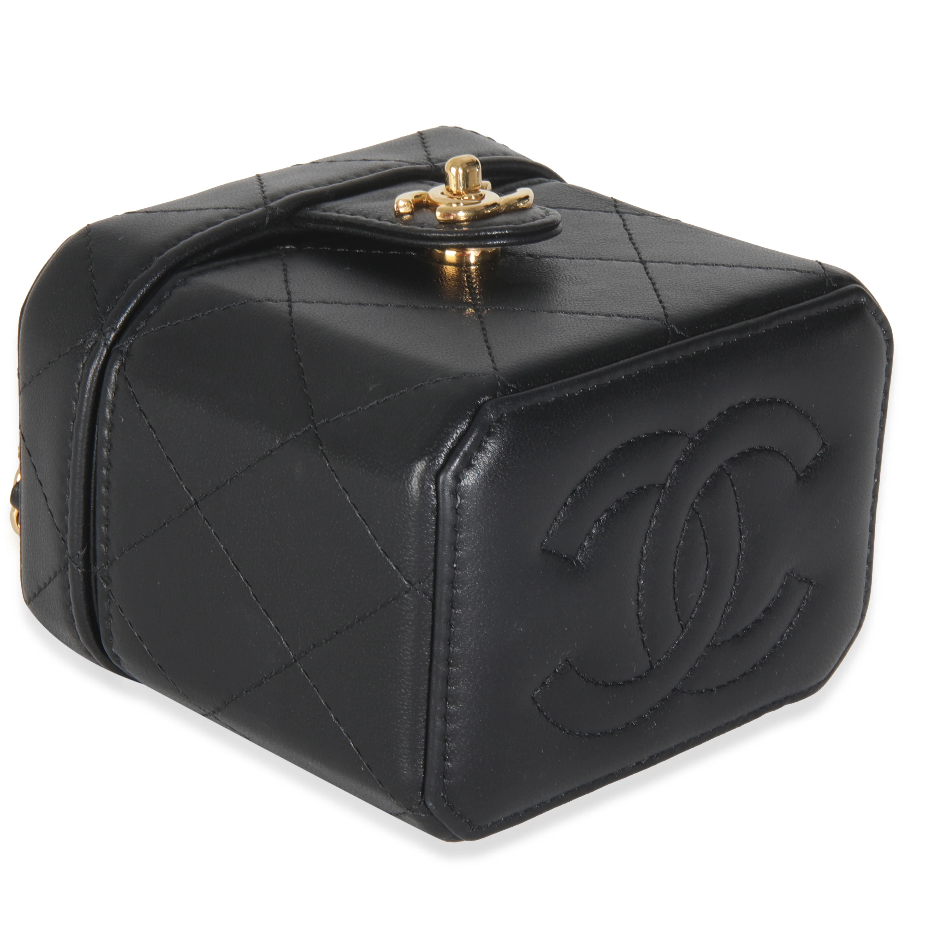 Black Quilted Lambskin Vanity Clutch With Chain - Image 6