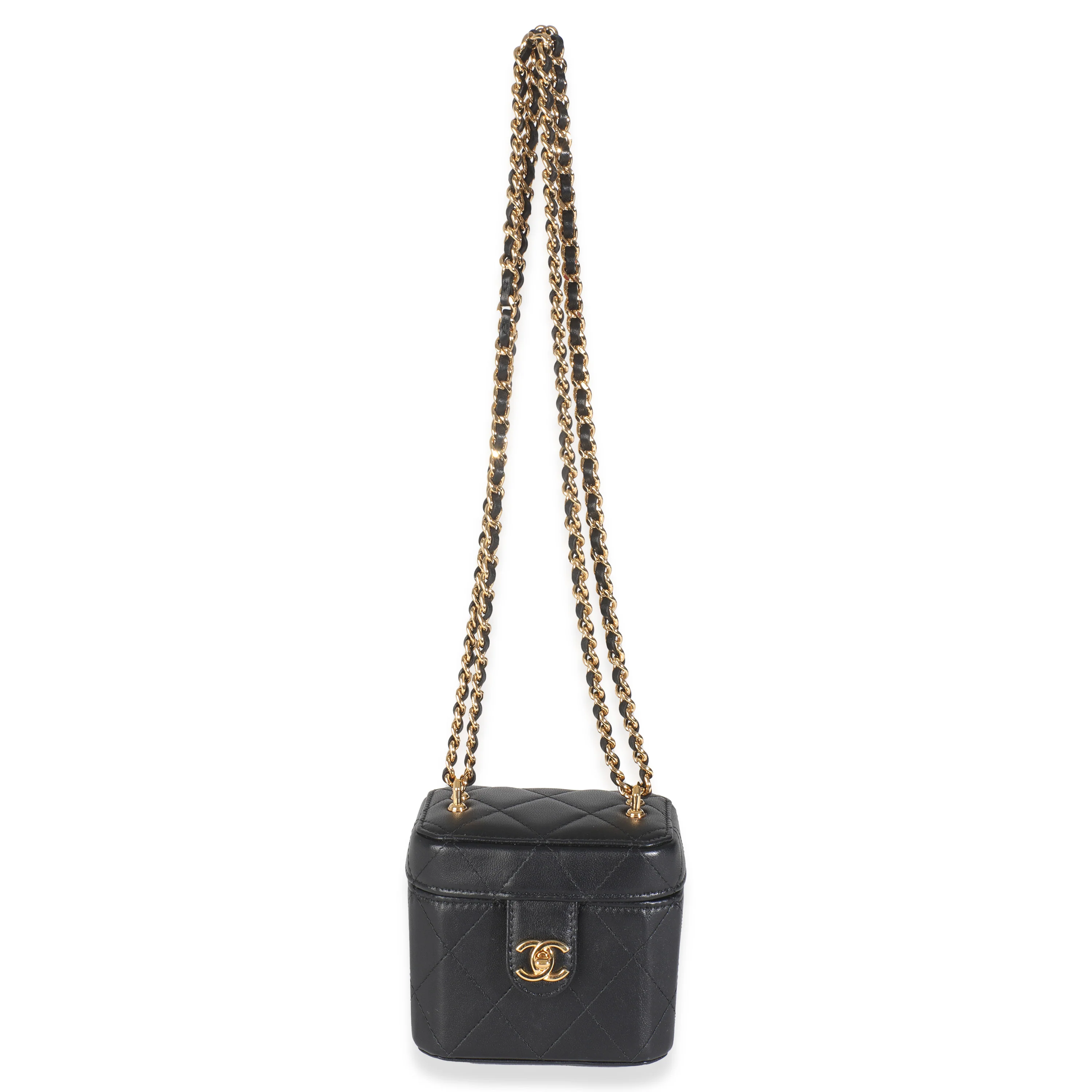 Black Quilted Lambskin Vanity Clutch With Chain - Image 8