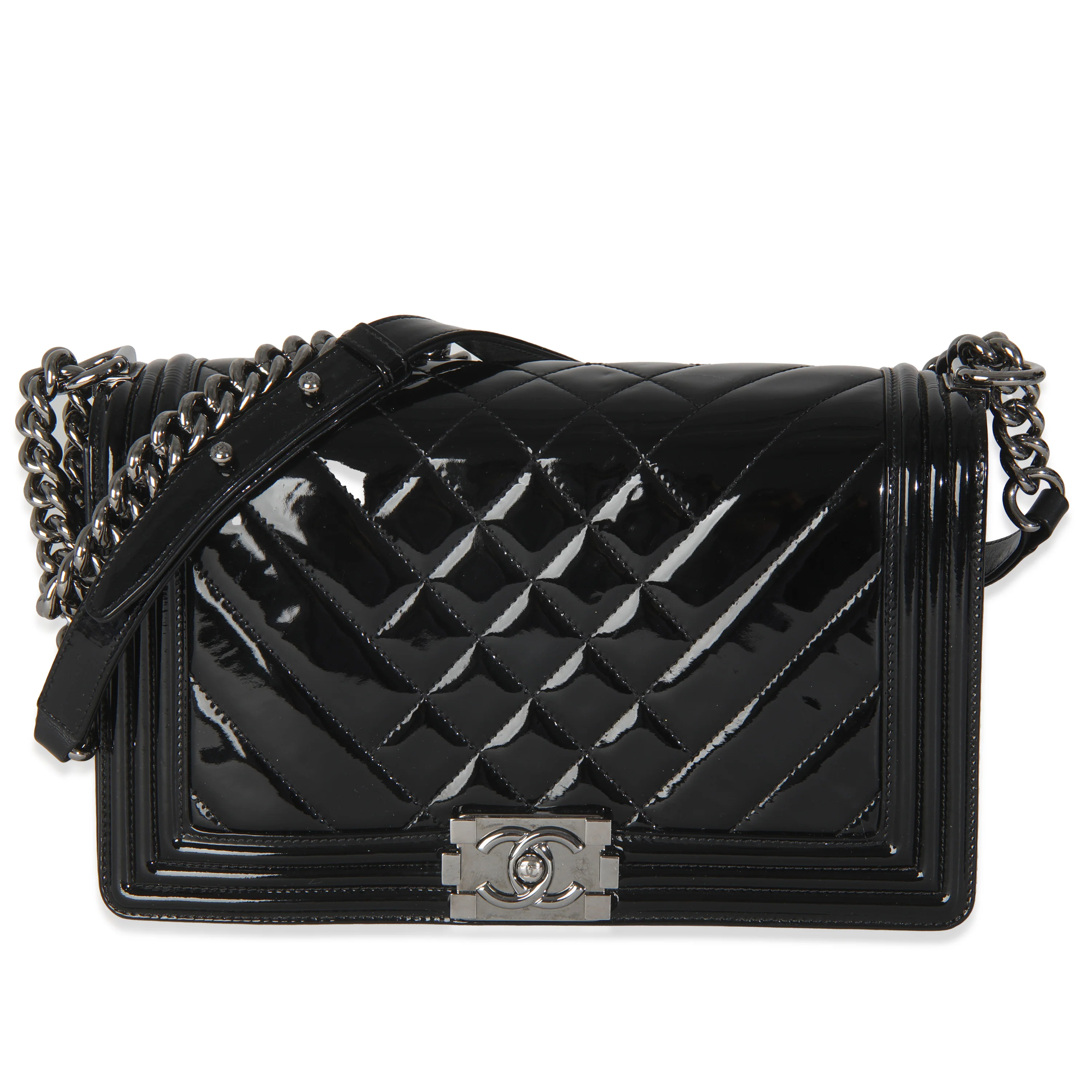Black Patent Chevron Old Medium Boy Bag