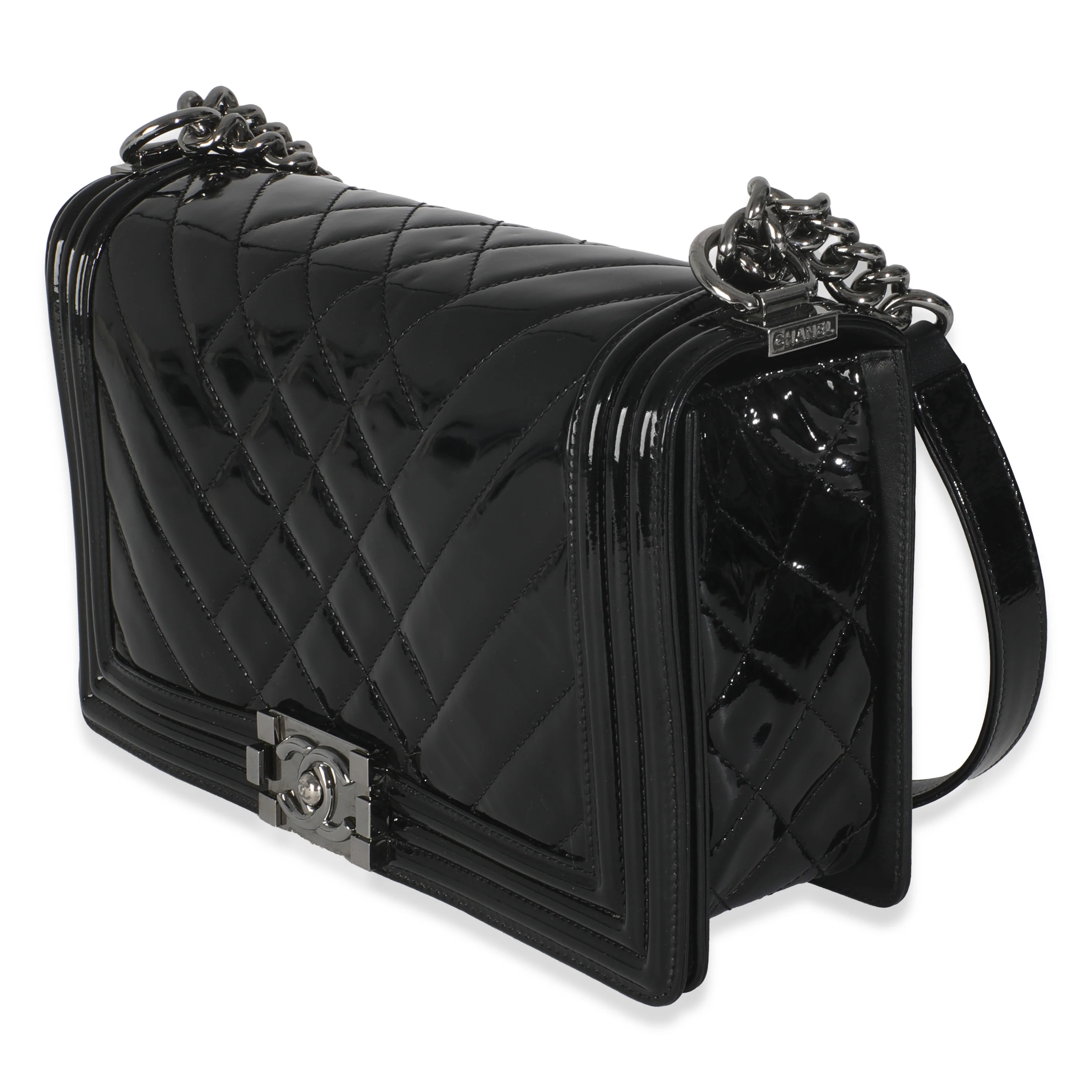 Black Patent Chevron Old Medium Boy Bag - Image 2
