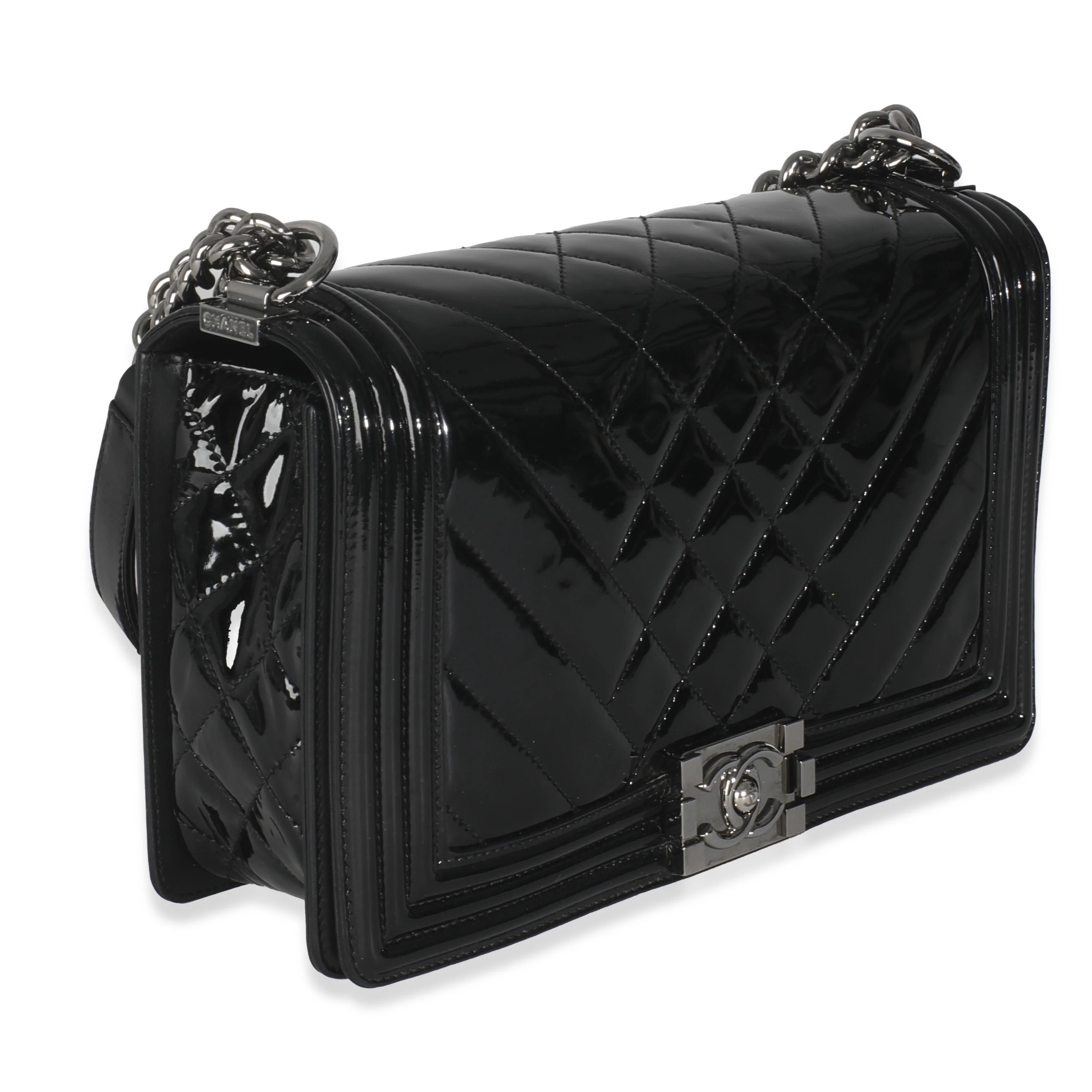 Black Patent Chevron Old Medium Boy Bag - Image 3