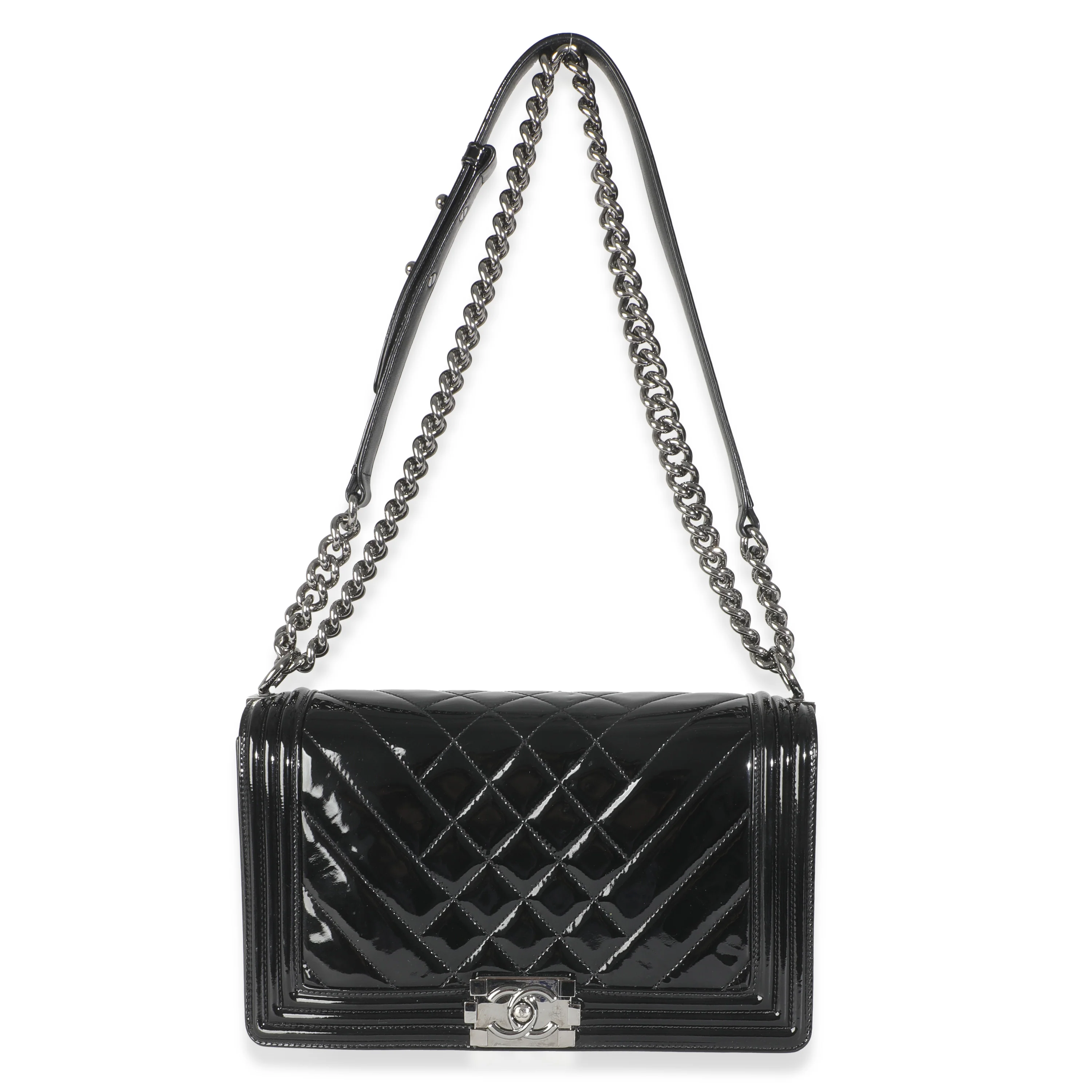 Black Patent Chevron Old Medium Boy Bag - Image 8