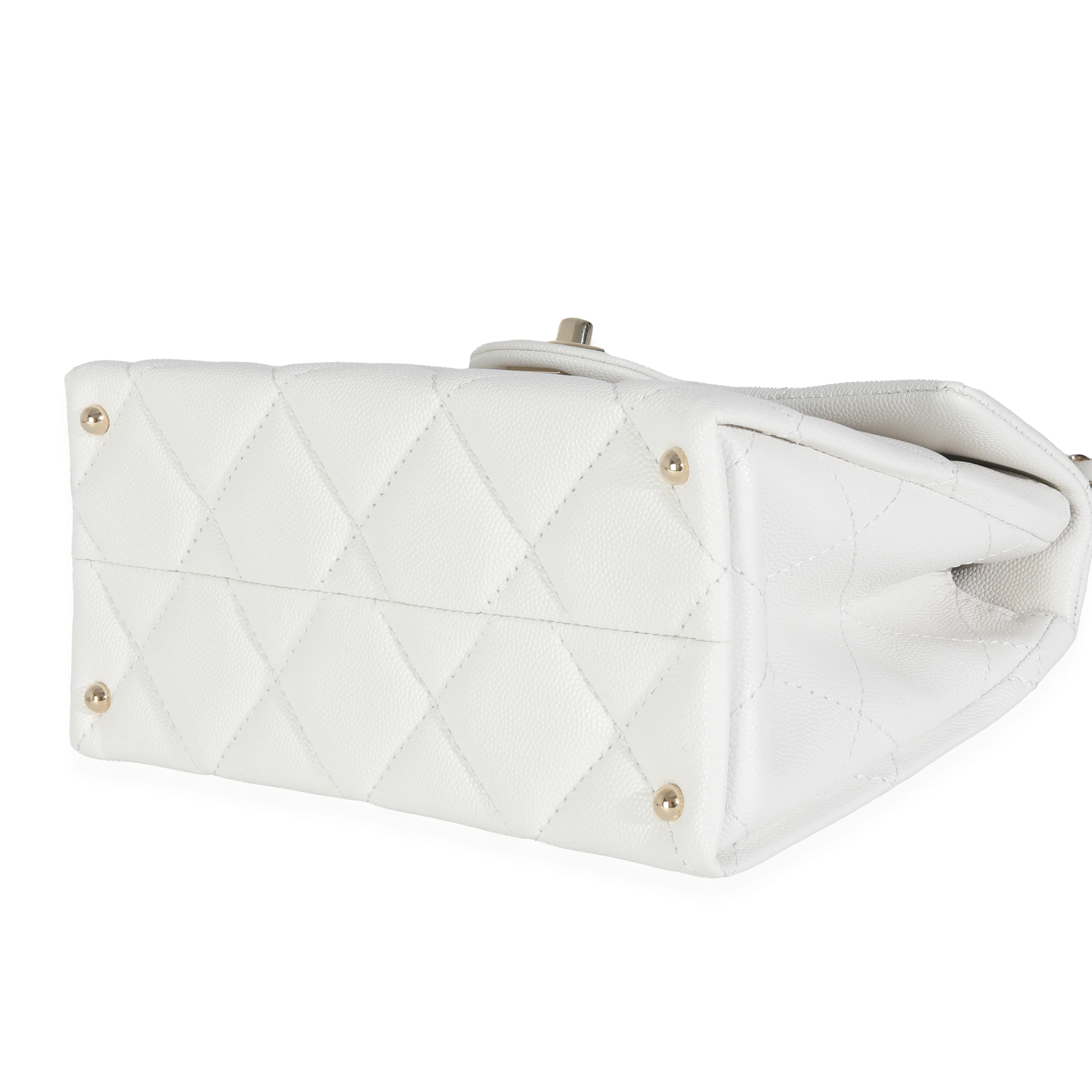 White Quilted Caviar Retro Twist Mini Flap Handbag - Image 7
