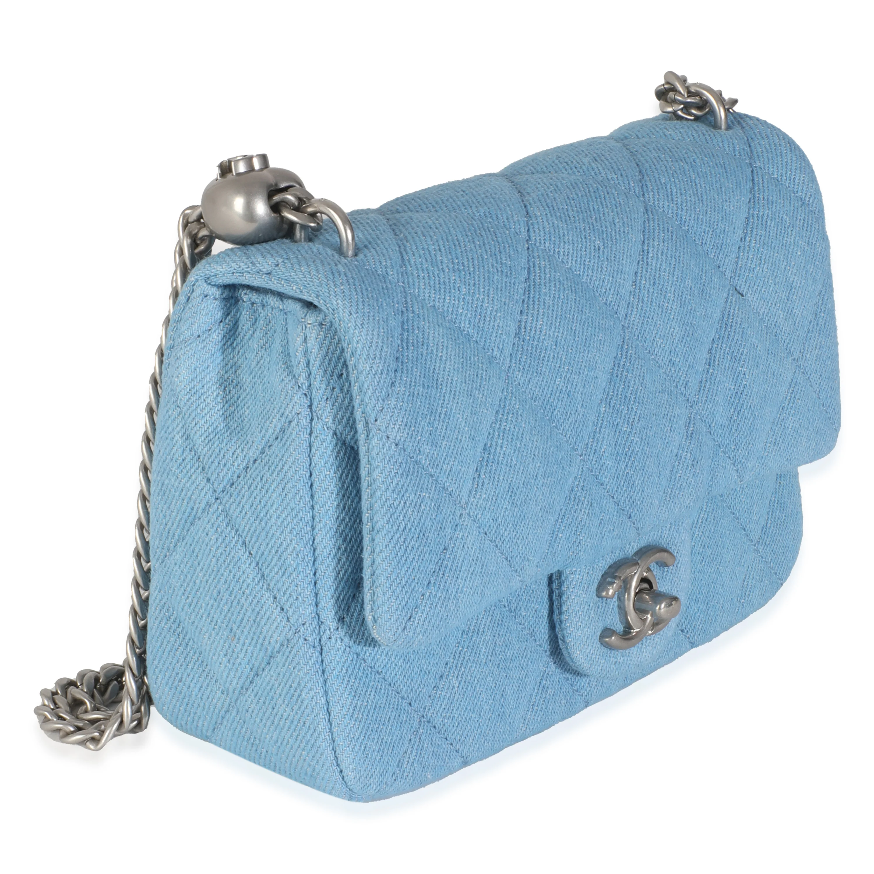 Blue Quilted Denim Sweetheart Mini Flap Bag - Image 3