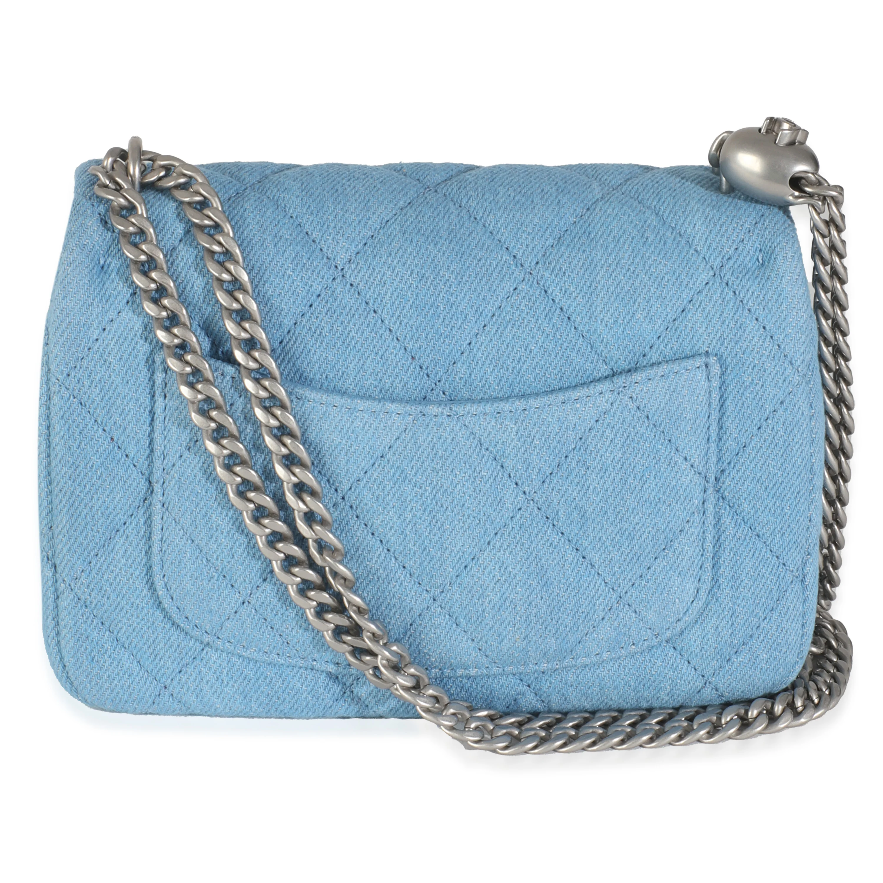 Blue Quilted Denim Sweetheart Mini Flap Bag - Image 4
