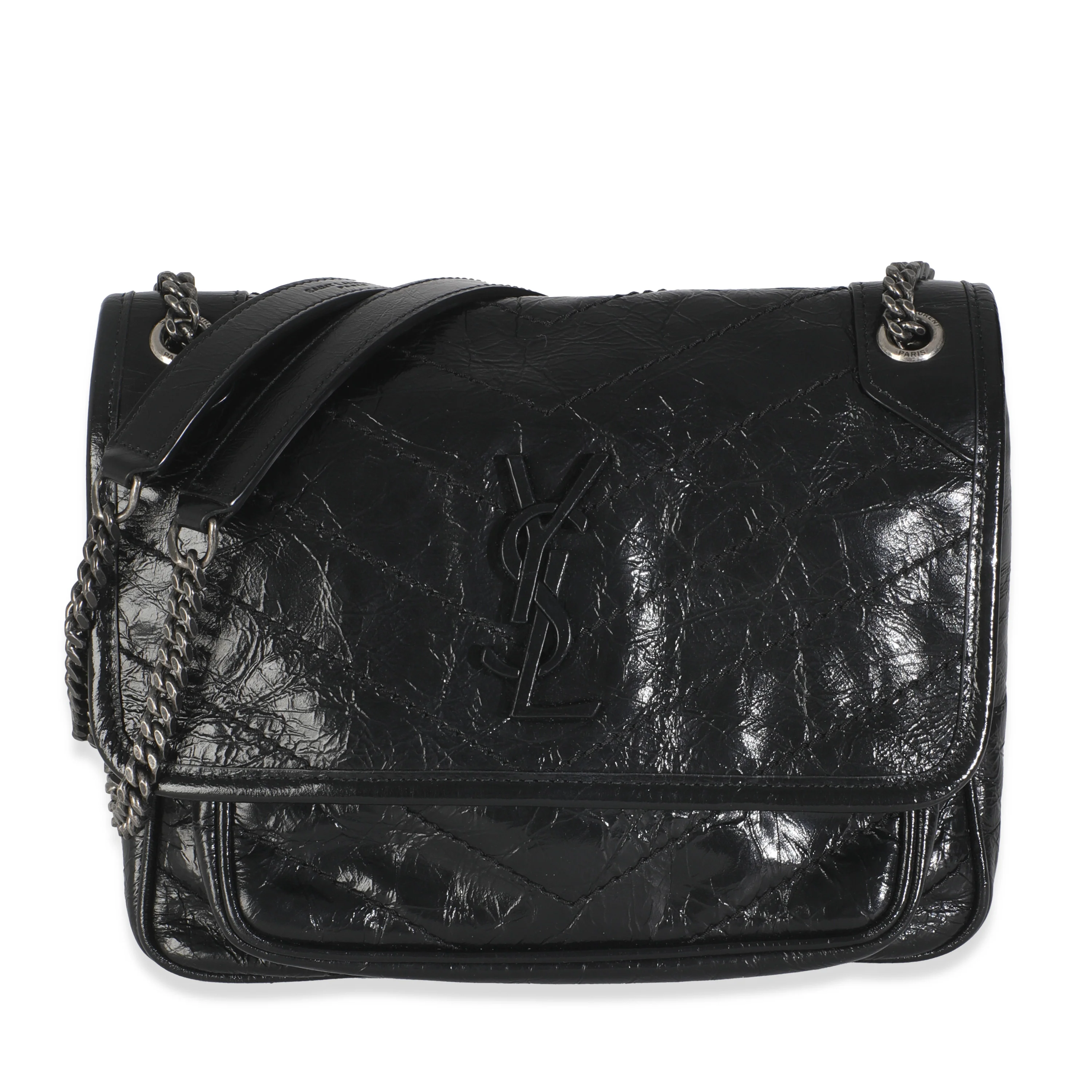 Black Crinkled Calfskin Matelasse Baby Niki Chain Satchel
