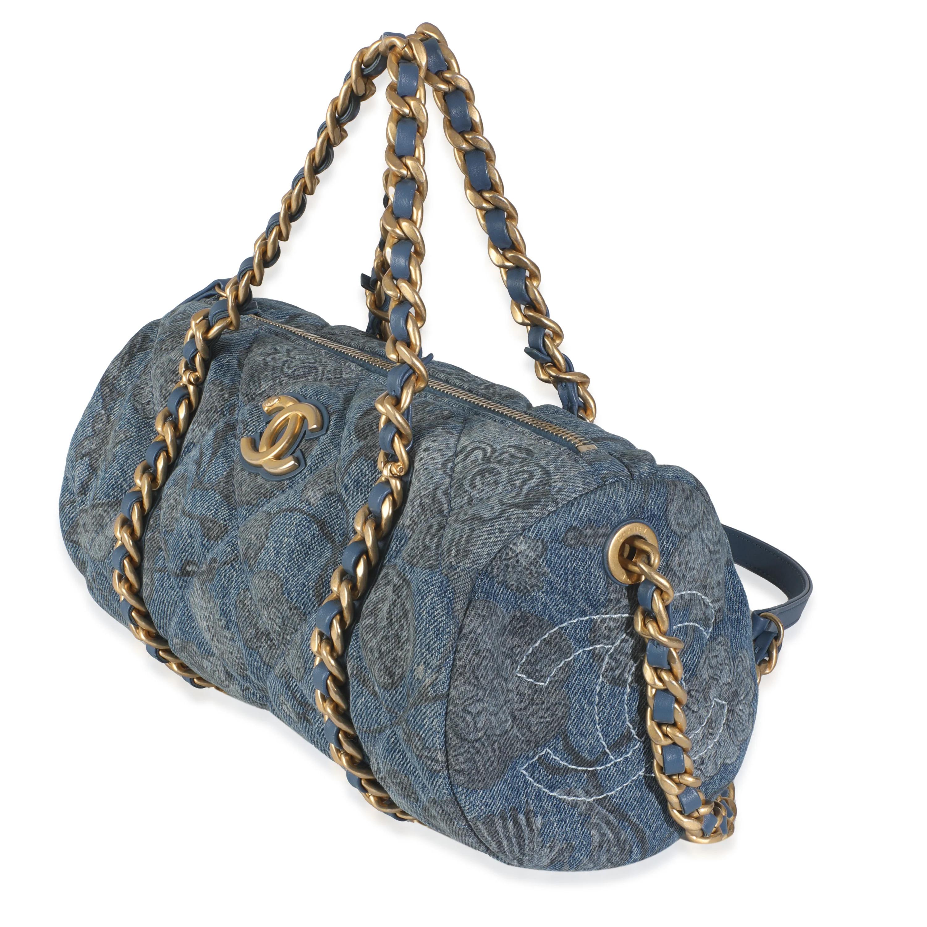21A Blue Floral Quilted Denim Destination Chenonceau Bowling Bag - Image 2