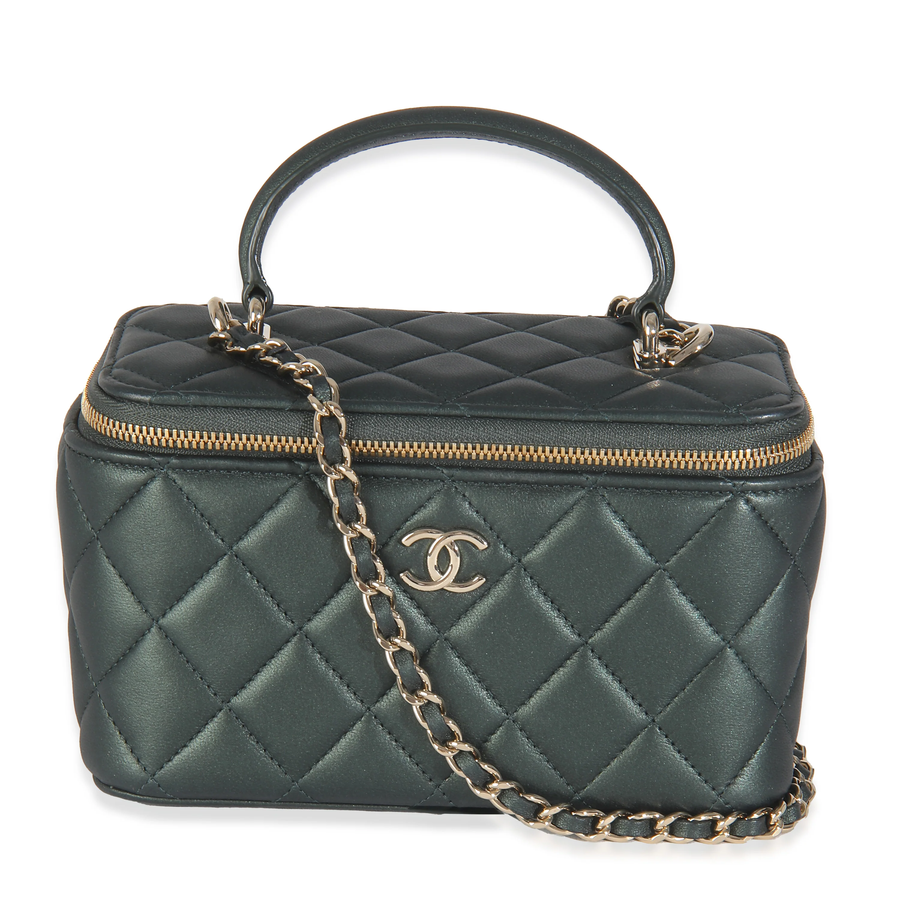 Dark Green Iridescent Quilted Lambskin Top Handle Vanity Case With Chain