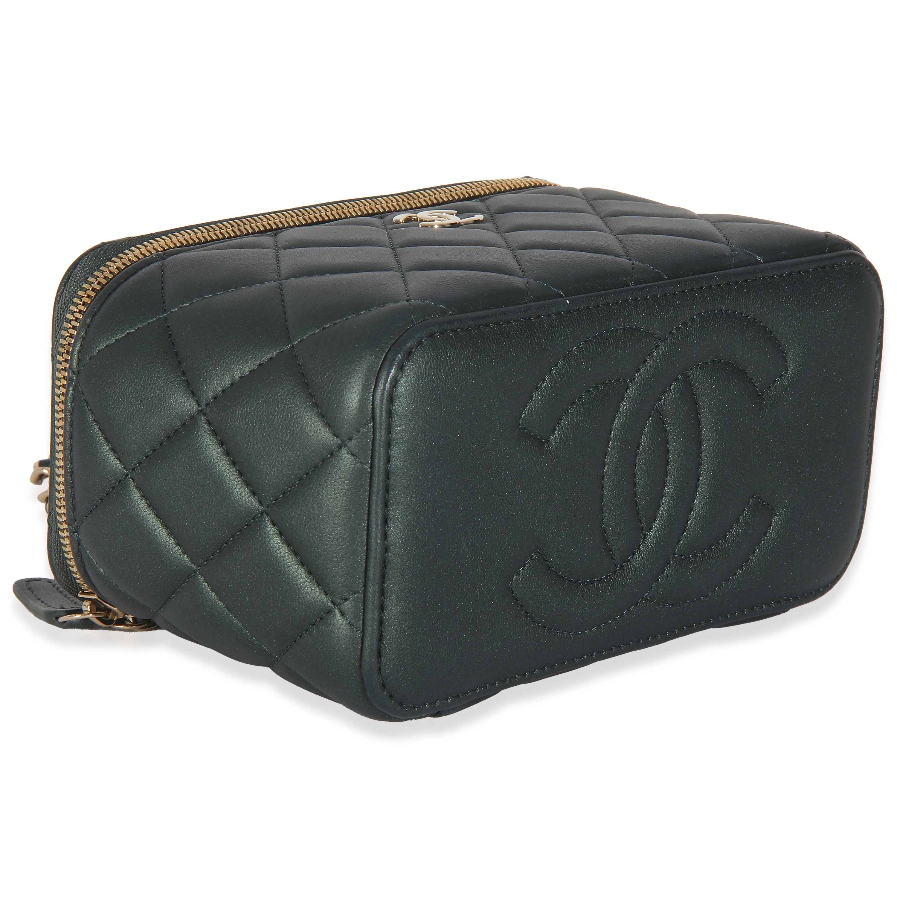 Dark Green Iridescent Quilted Lambskin Top Handle Vanity Case With Chain - Image 6