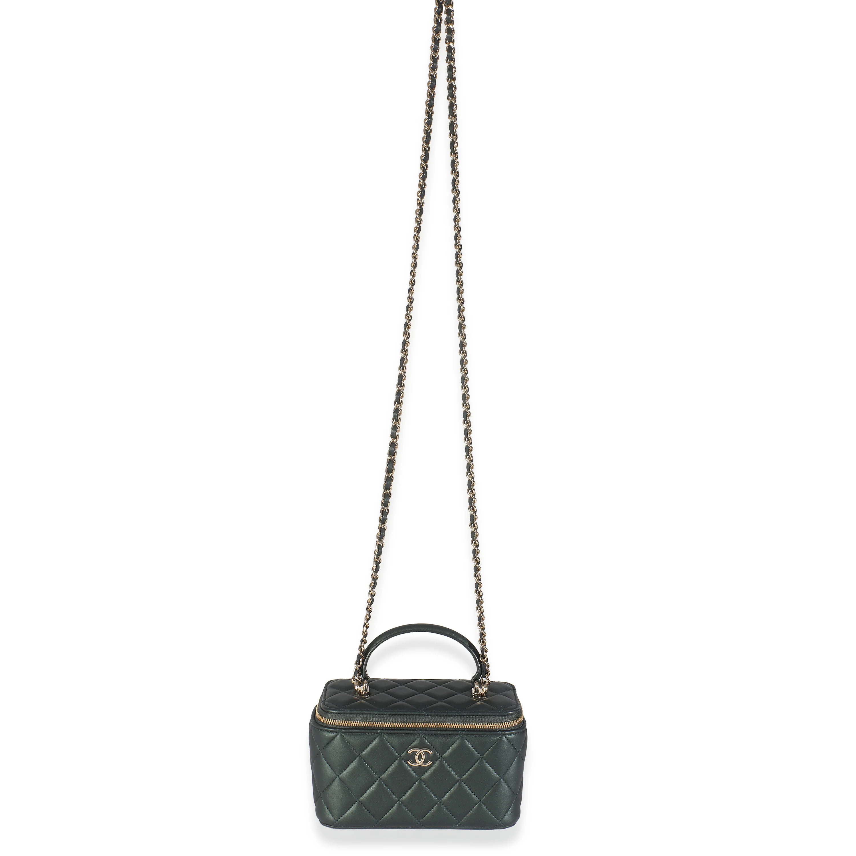 Dark Green Iridescent Quilted Lambskin Top Handle Vanity Case With Chain - Image 8