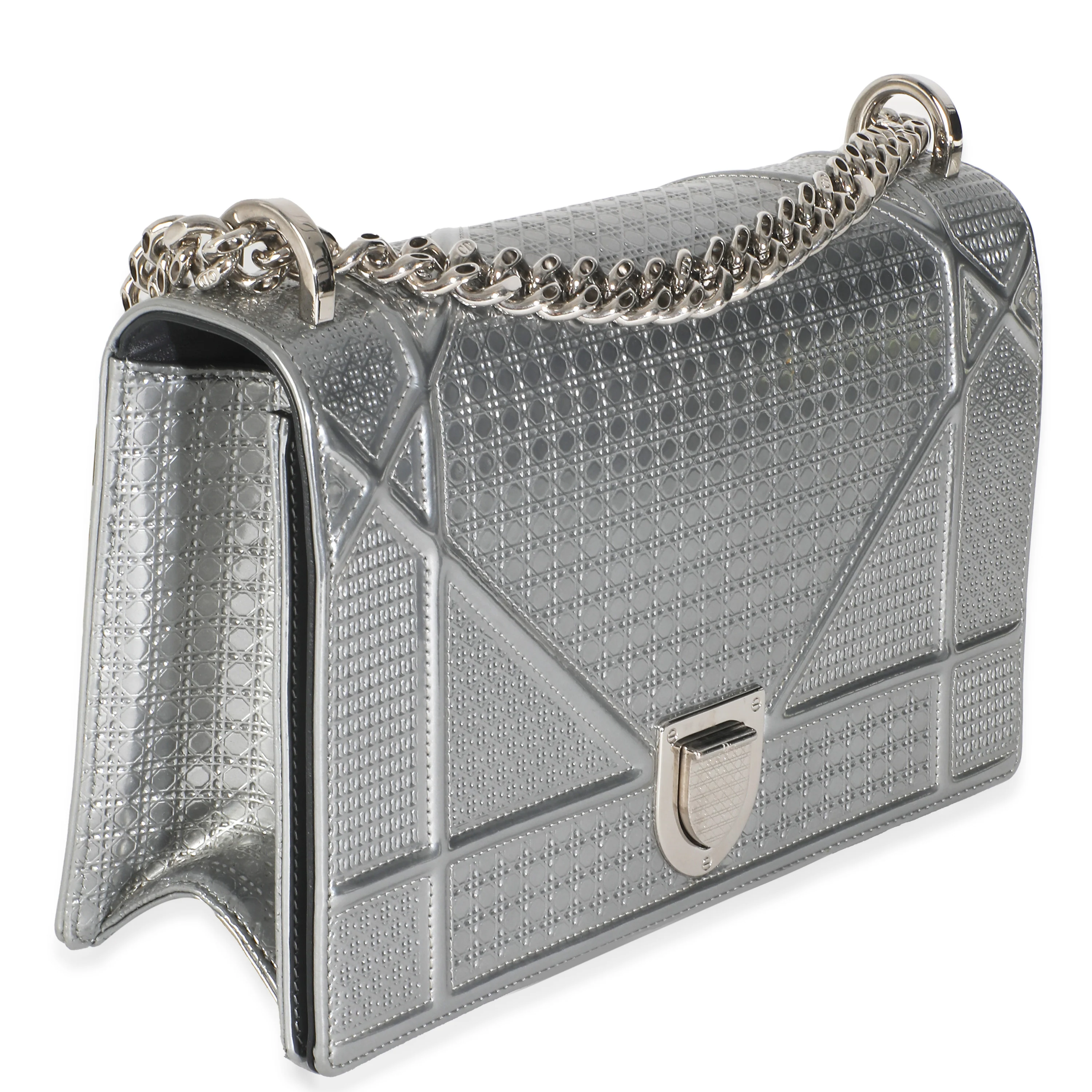 Silver Metallic Micro Cannage Patent Medium Diorama Flap Bag - Image 2