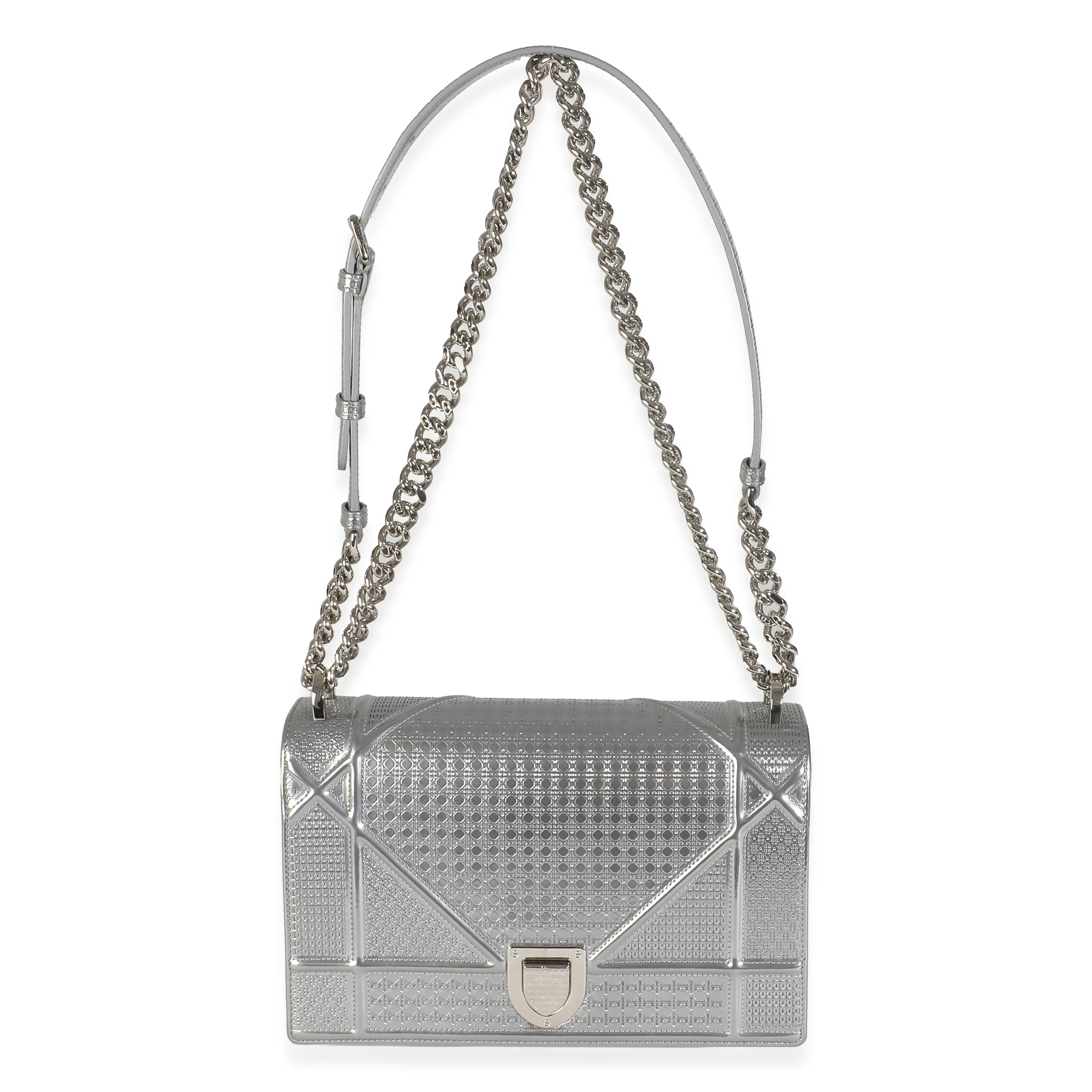 Silver Metallic Micro Cannage Patent Medium Diorama Flap Bag - Image 7