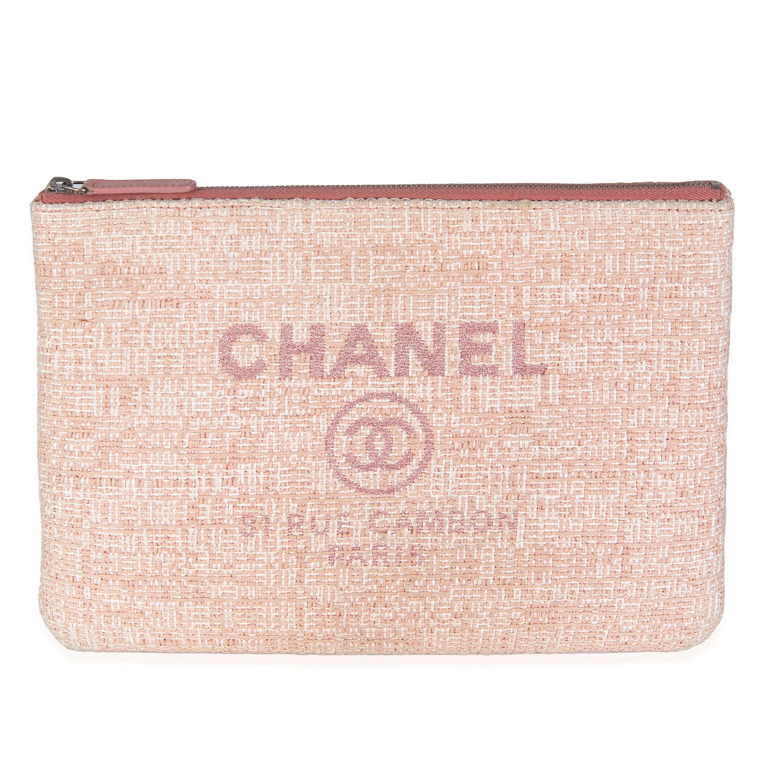 Pink Woven Straw Raffia Tweed Deauville Pouch