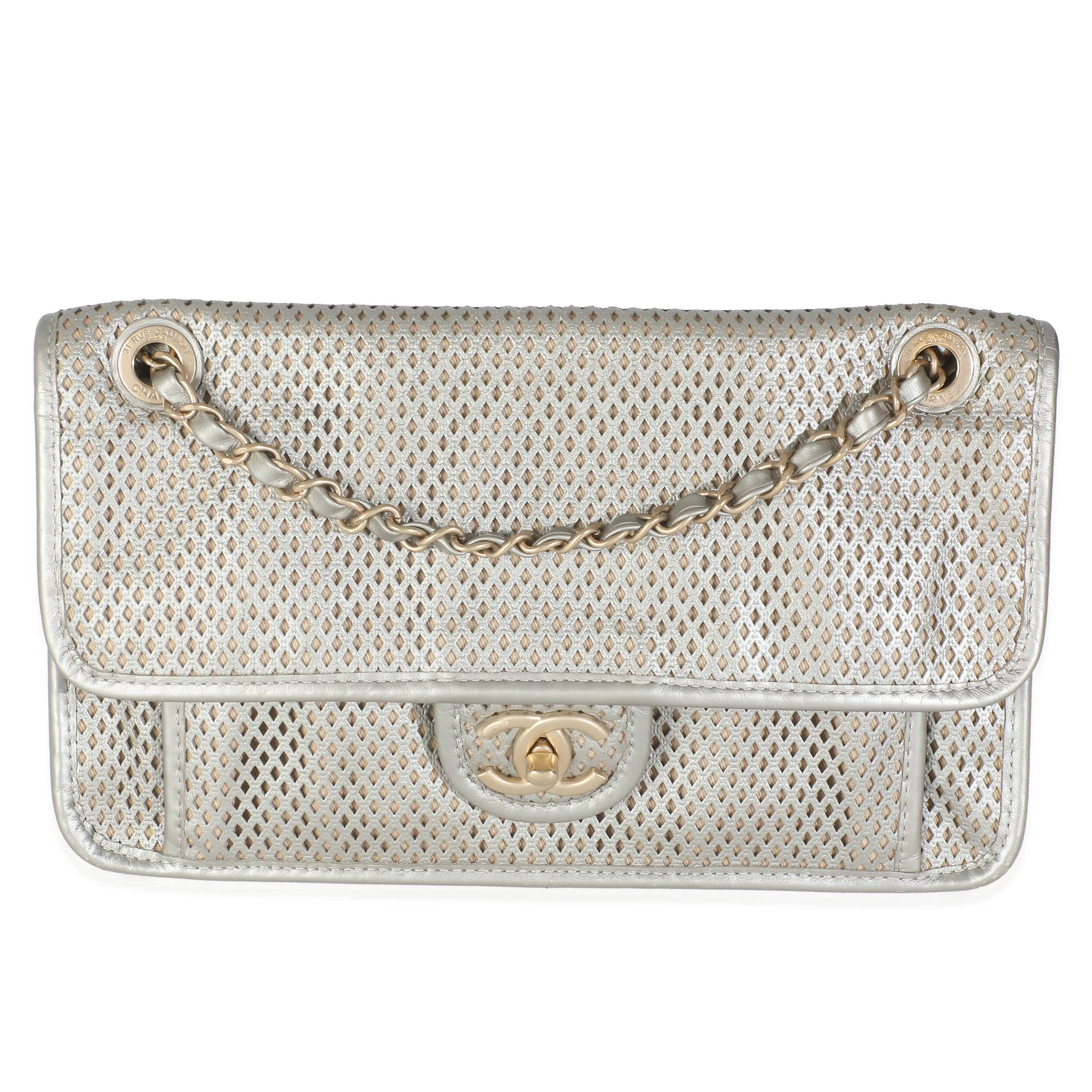 Light Gold Metallic Perforated Calfskin Small Up In The Air Flap