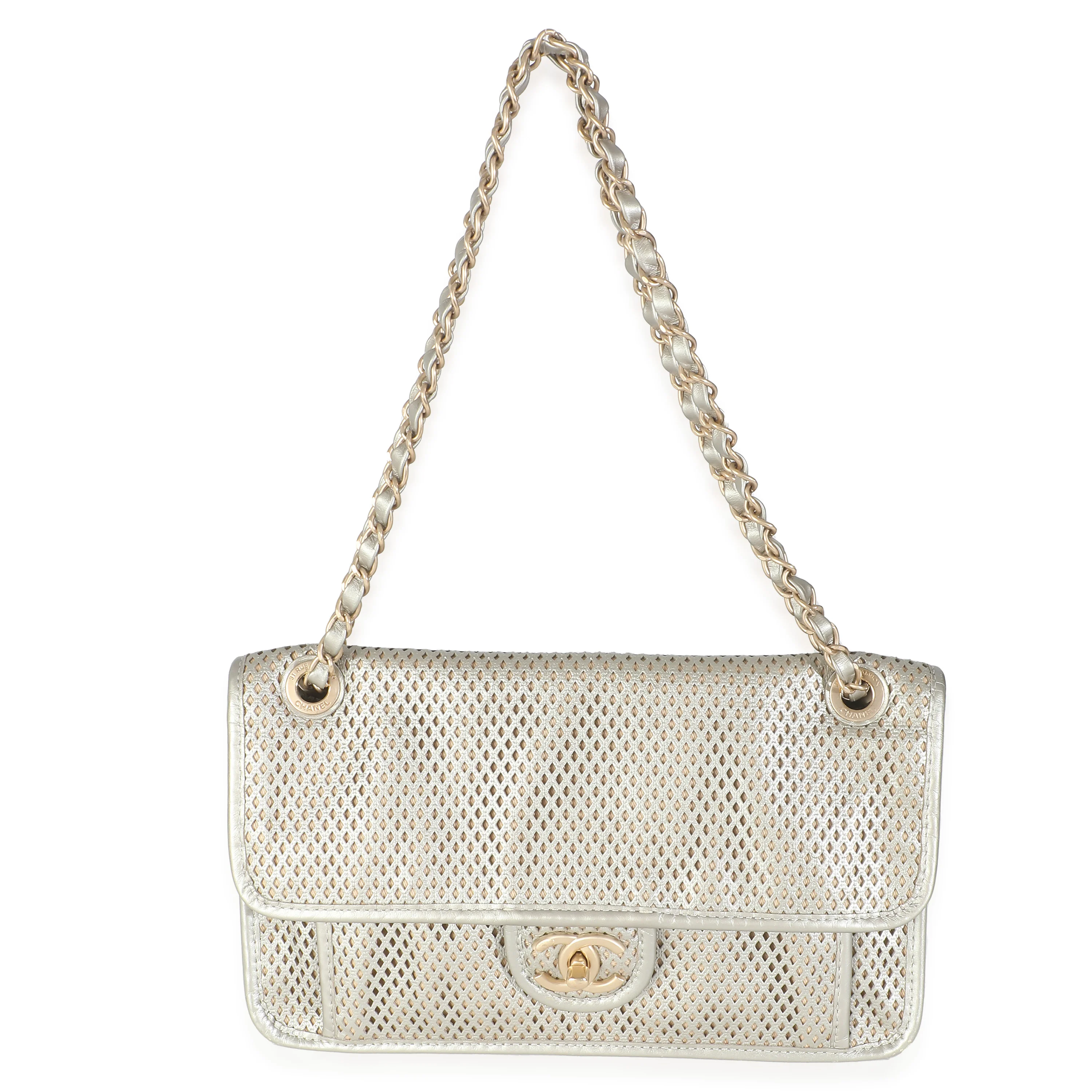 Light Gold Metallic Perforated Calfskin Small Up In The Air Flap - Image 8