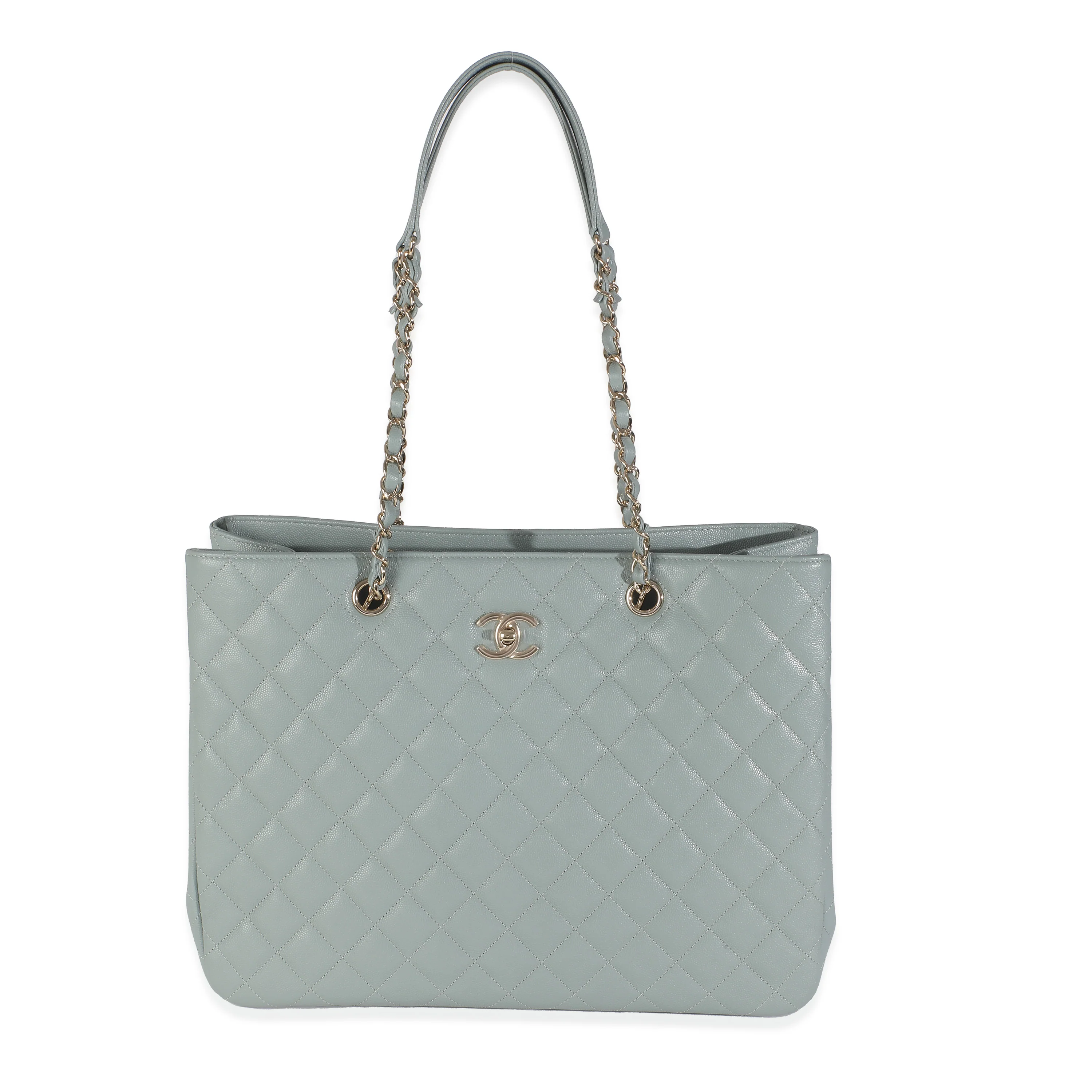 Light Blue Quilted Caviar Large Classic Shopping Tote