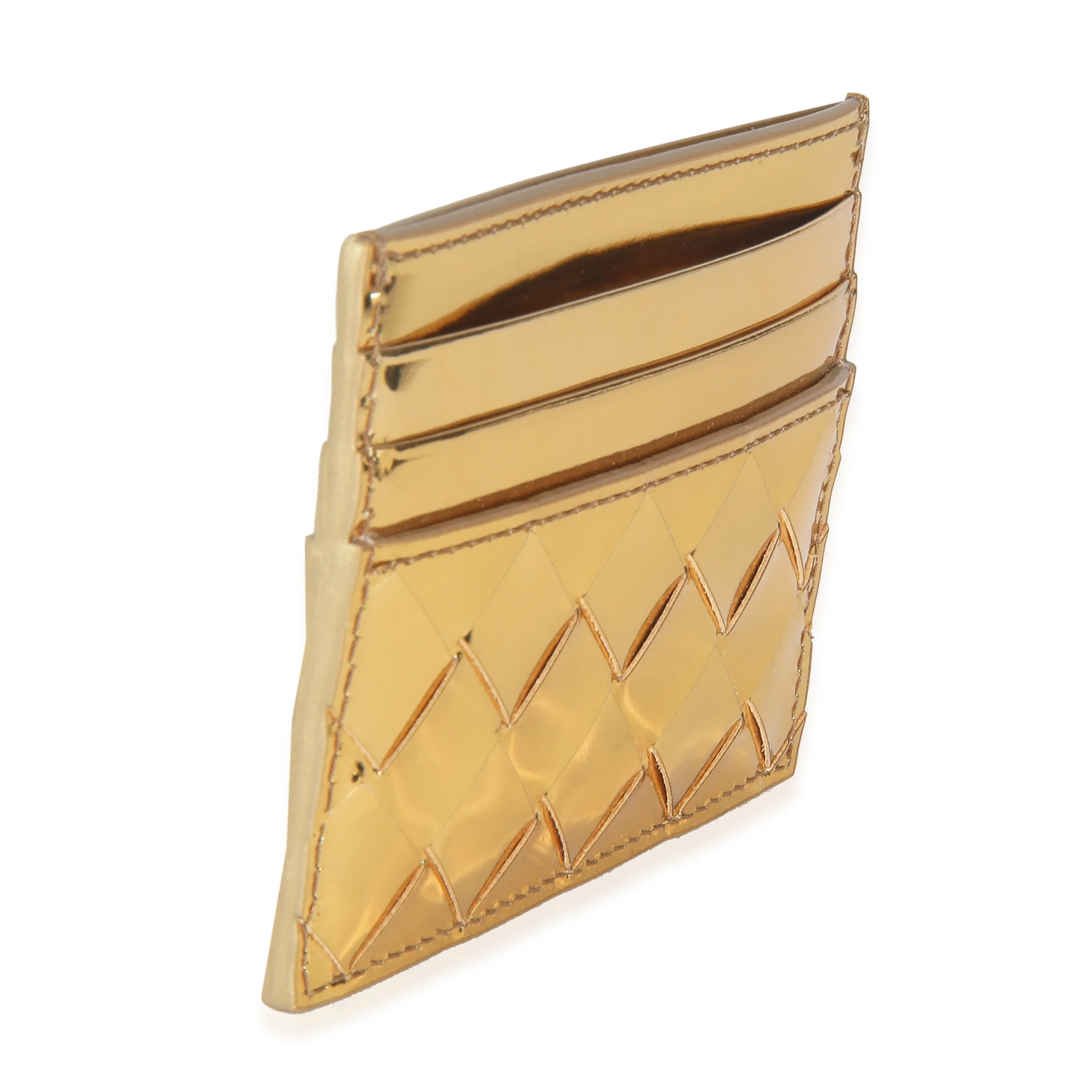 Gold Metallic Intrecciato Leather Credit Card Case - Image 3
