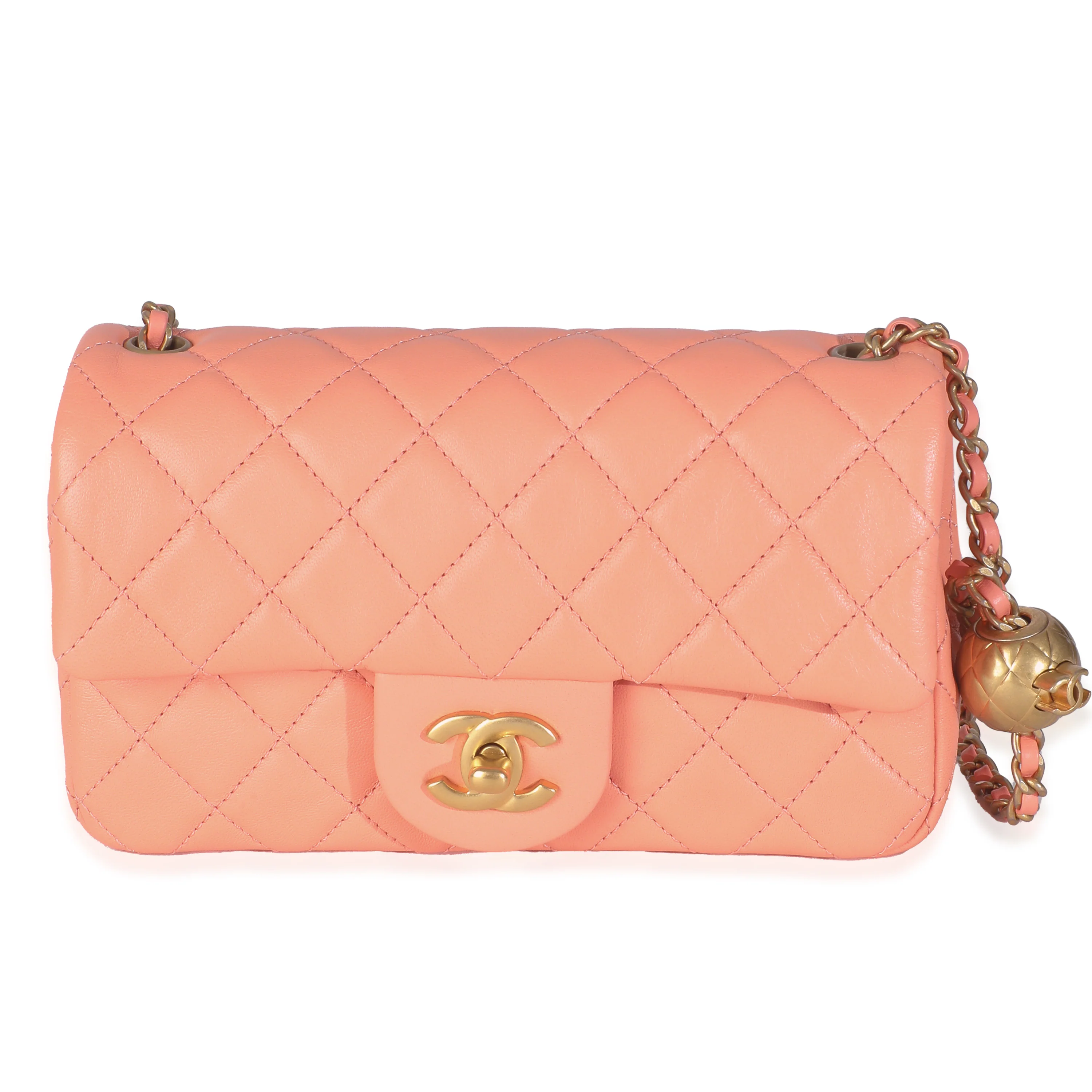 Coral Quilted Lambskin Mini Rectangular Pearl Crush Flap Bag