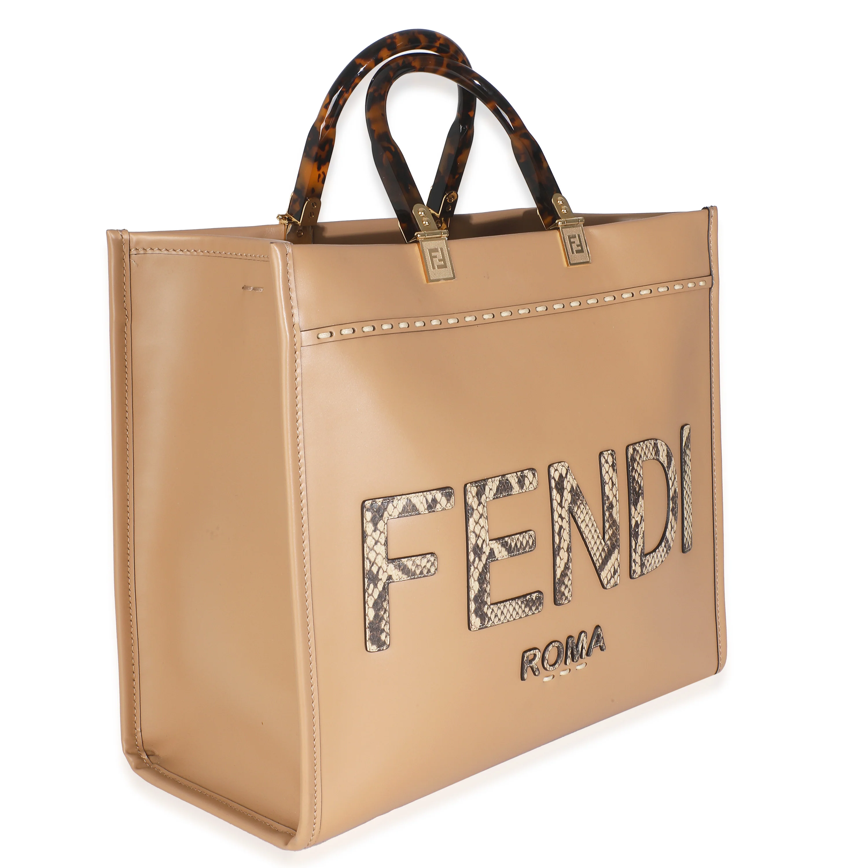 Dark Beige Calfskin Python Medium Fendi Sunshine Shopper Tote - Image 3