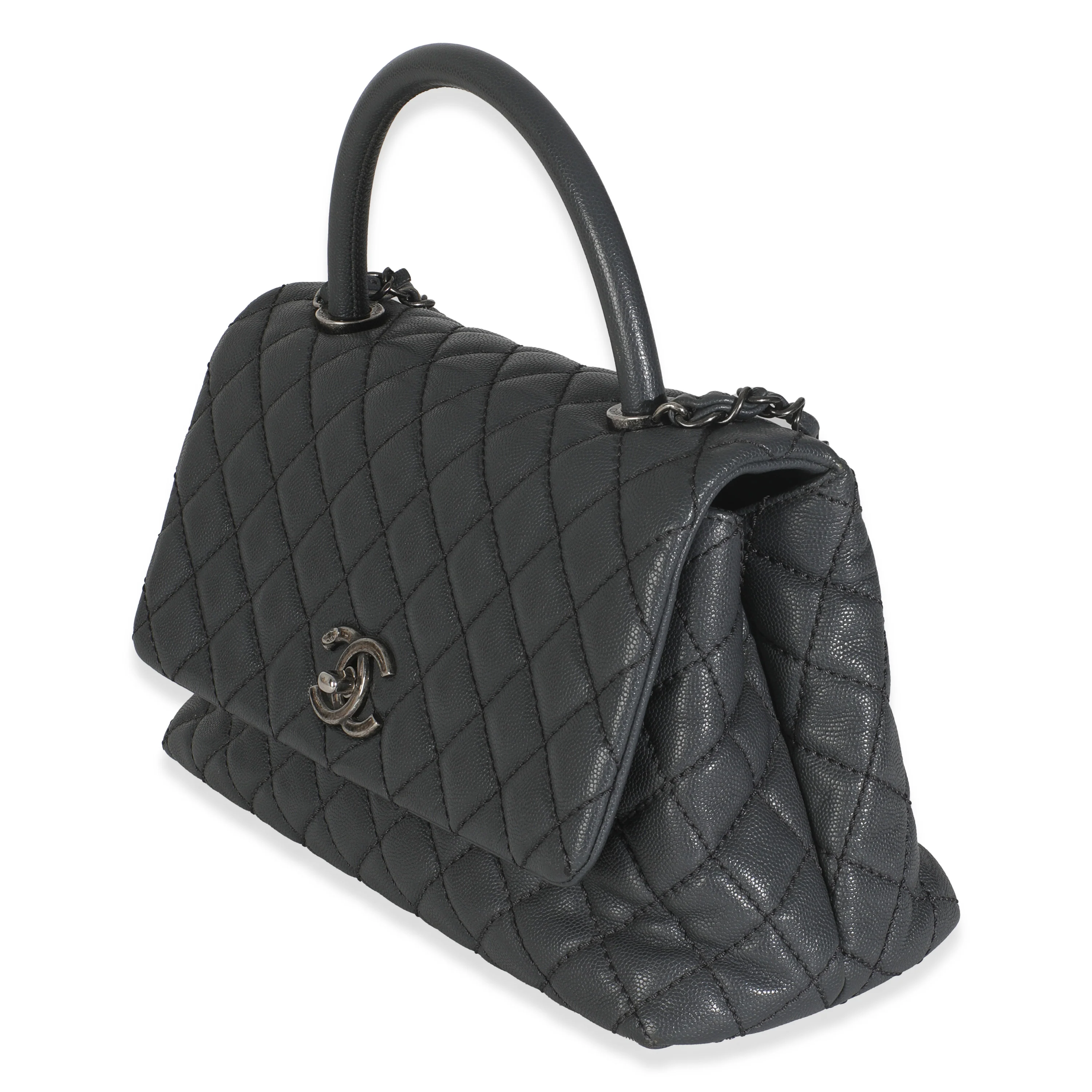 Grey Quilted Caviar Coco Top Handle Handbag - Image 2