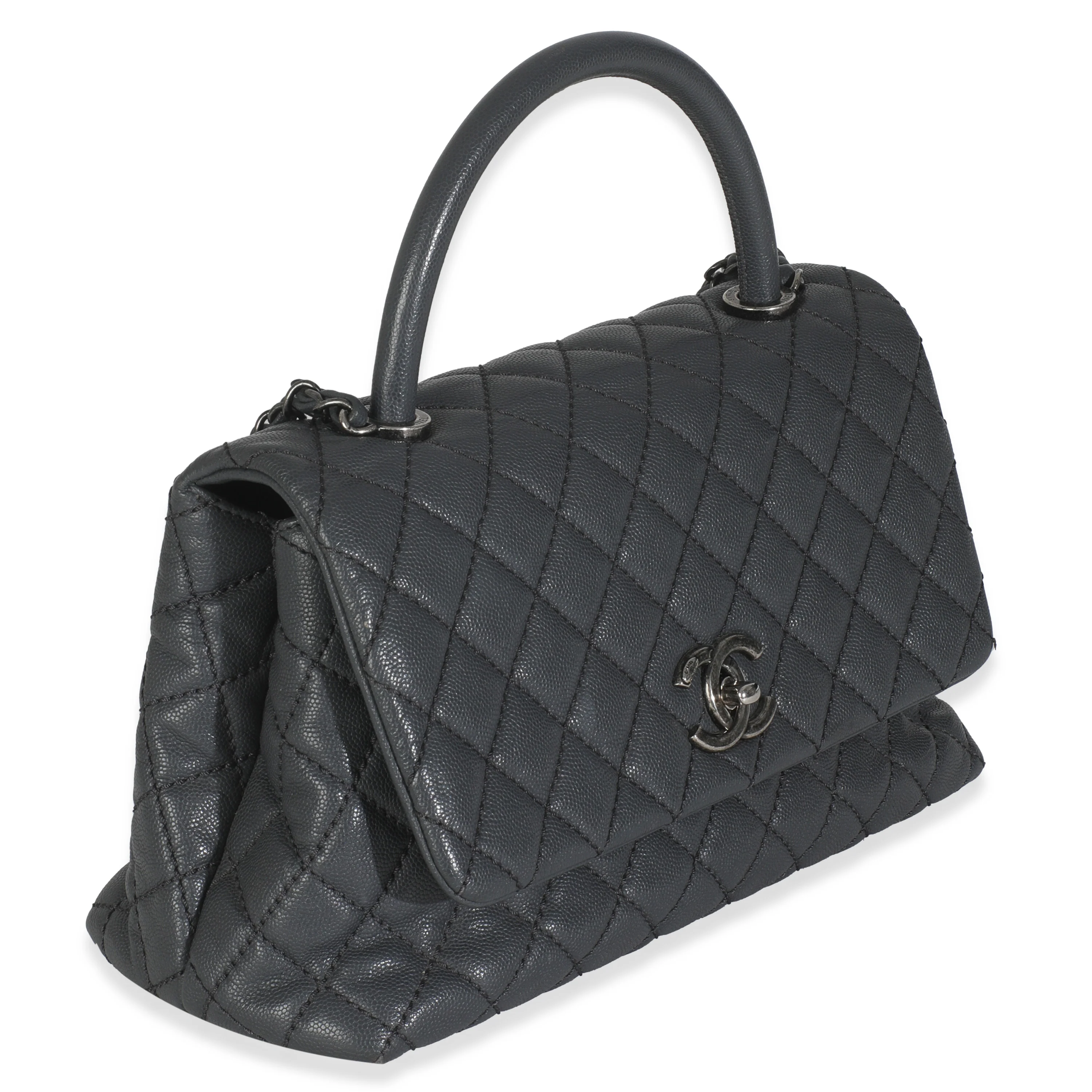 Grey Quilted Caviar Coco Top Handle Handbag - Image 3