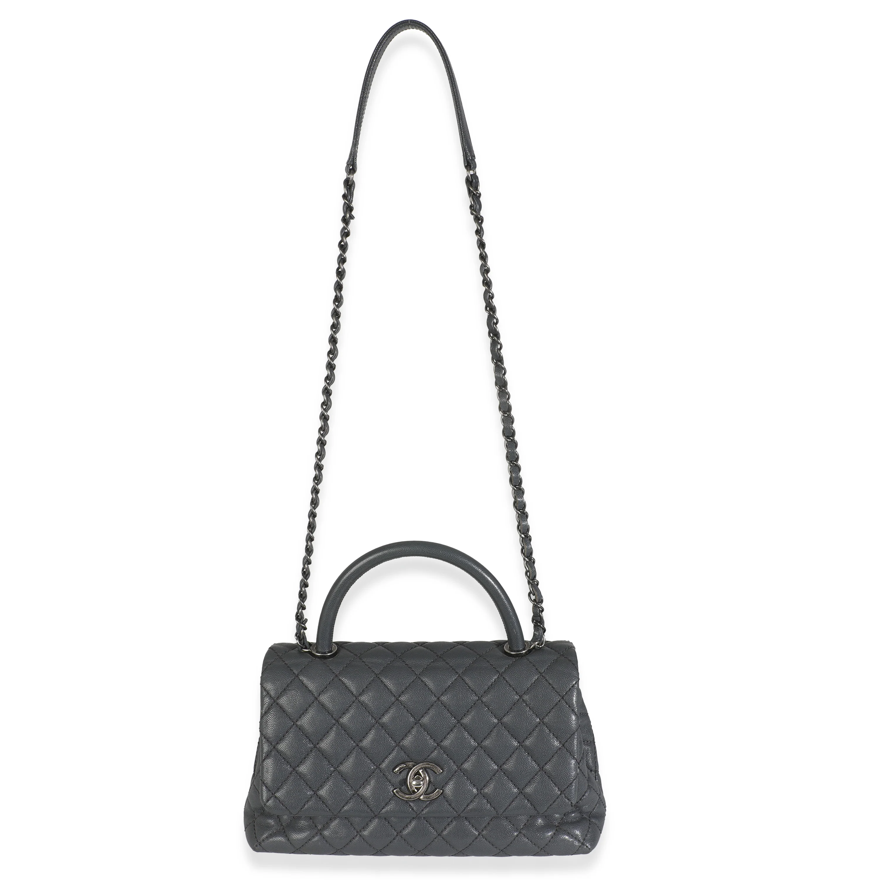 Grey Quilted Caviar Coco Top Handle Handbag - Image 8