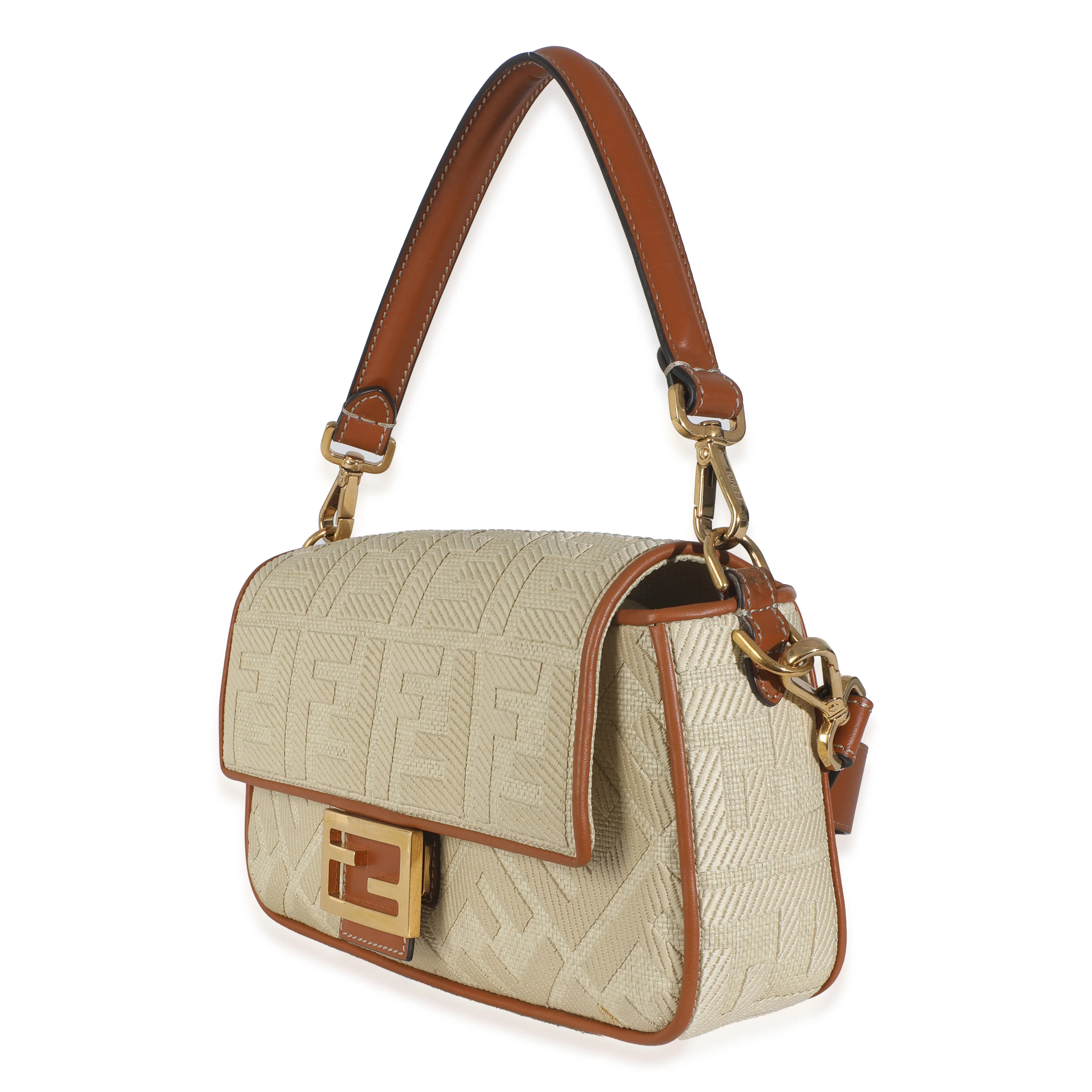 Beige Canvas Vitello King Bi-Color Strap FF Embroidered Baguette Bag - Image 2