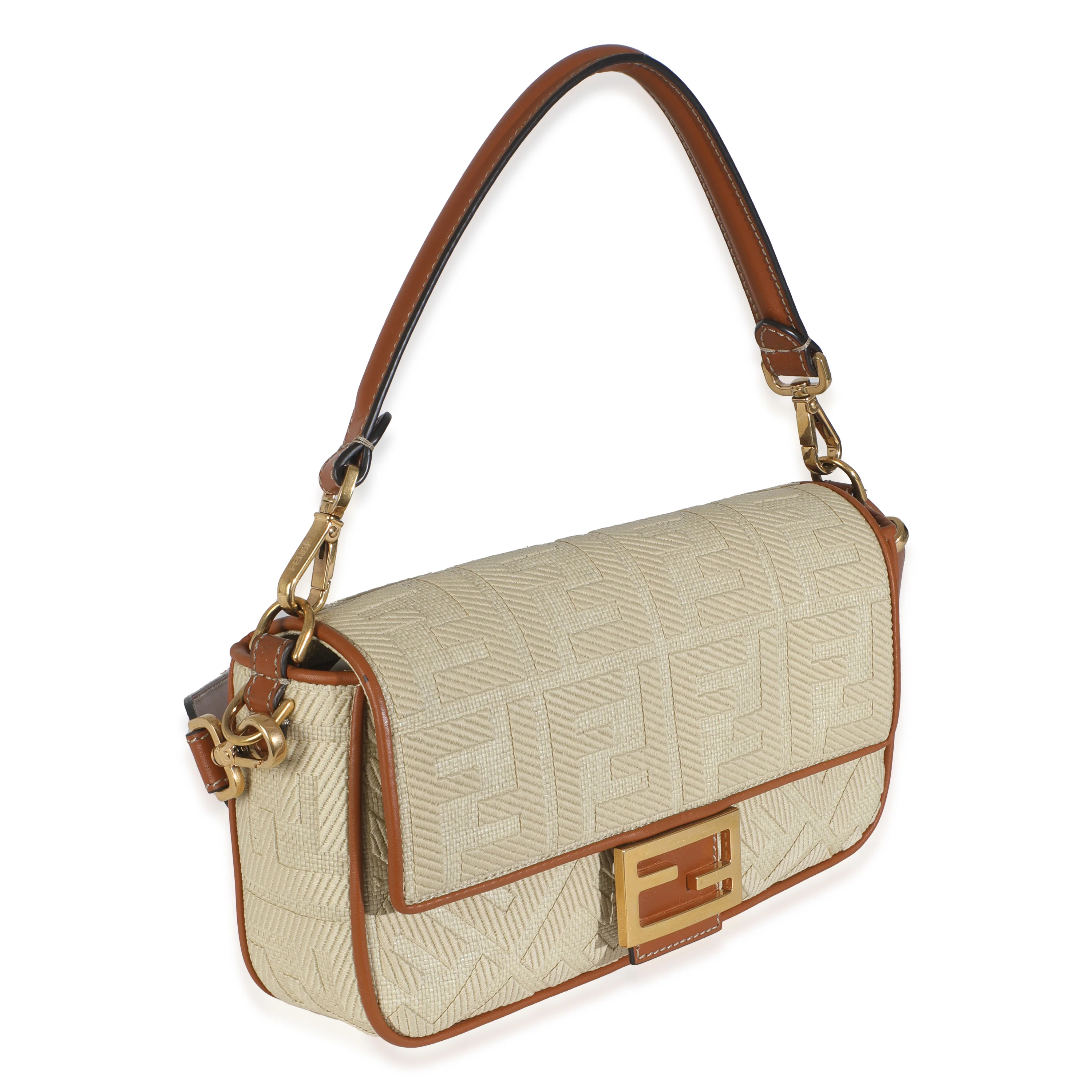 Beige Canvas Vitello King Bi-Color Strap FF Embroidered Baguette Bag - Image 3