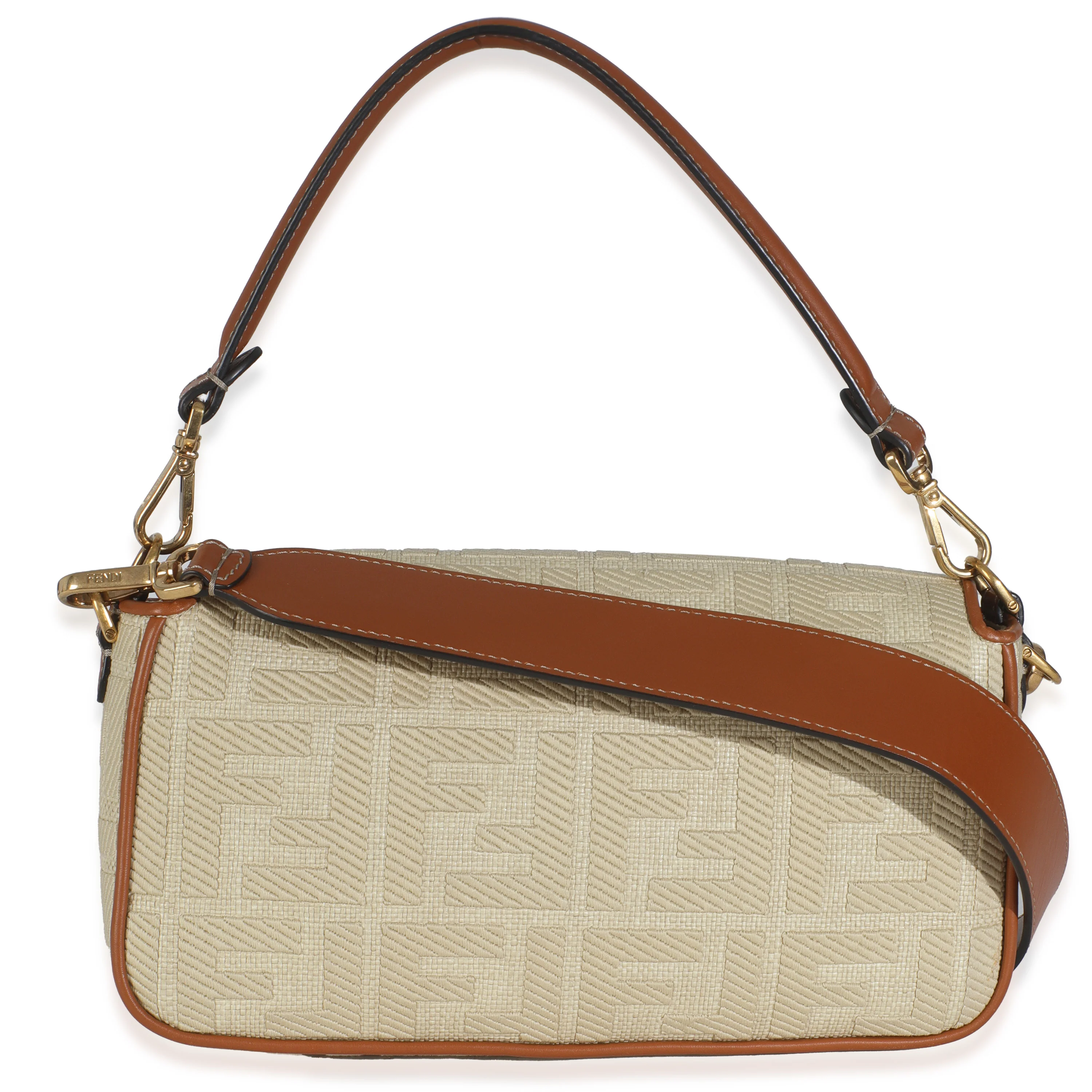 Beige Canvas Vitello King Bi-Color Strap FF Embroidered Baguette Bag - Image 4