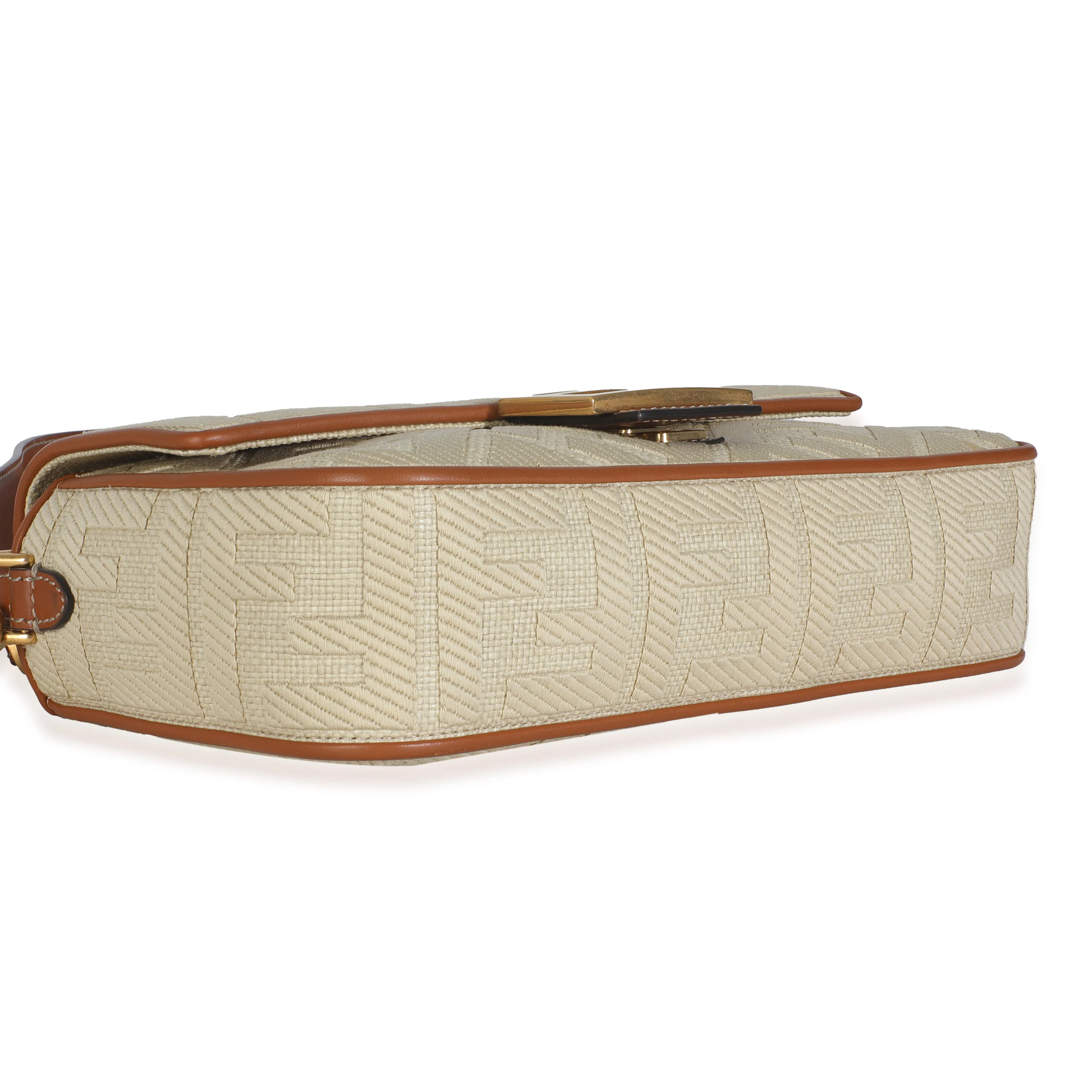 Beige Canvas Vitello King Bi-Color Strap FF Embroidered Baguette Bag - Image 7