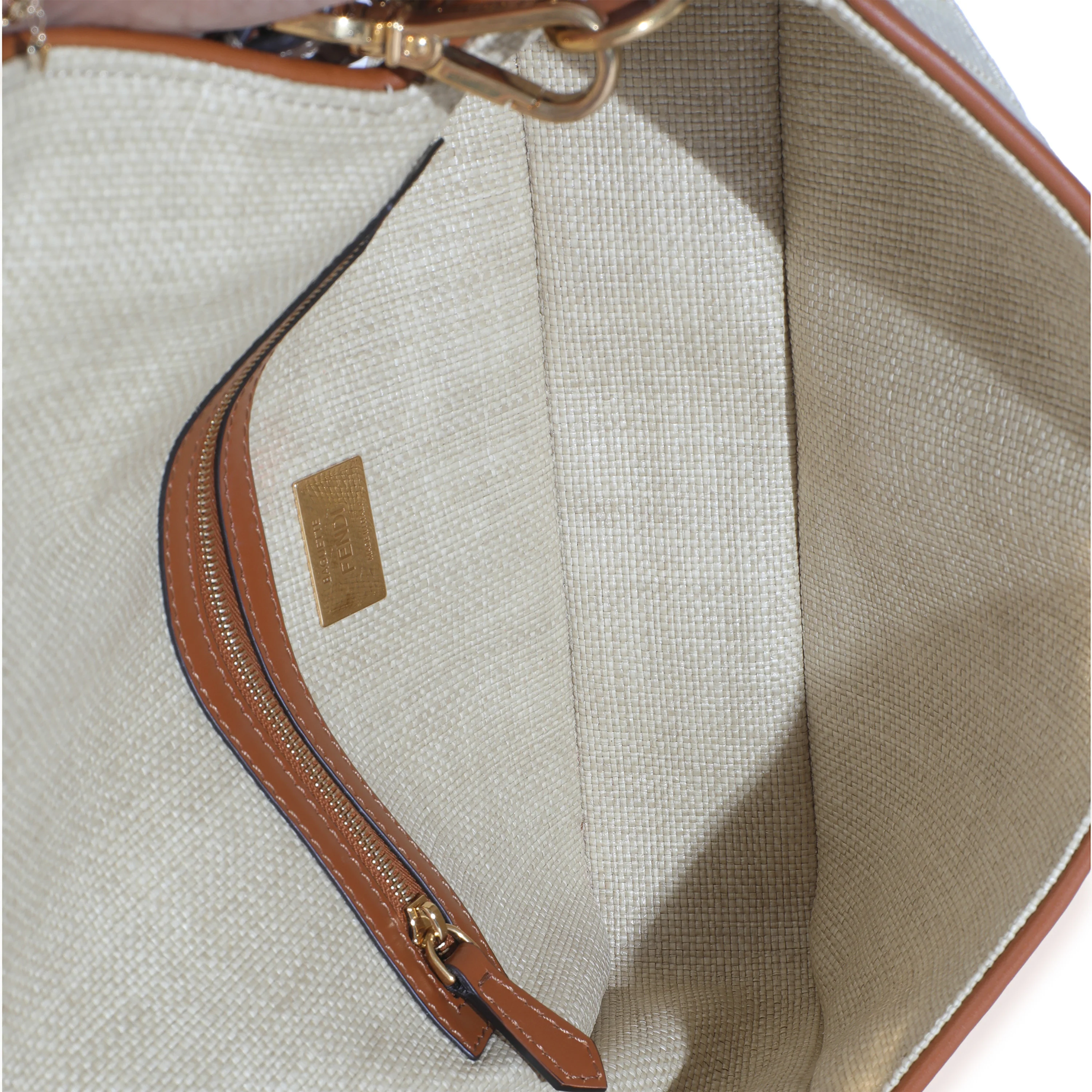 Beige Canvas Vitello King Bi-Color Strap FF Embroidered Baguette Bag - Image 8